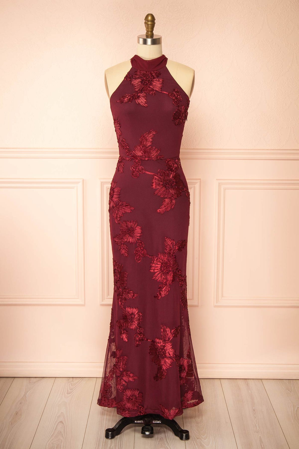 Atsuko | Burgundy Embroidered Halter Neck Maxi Dress