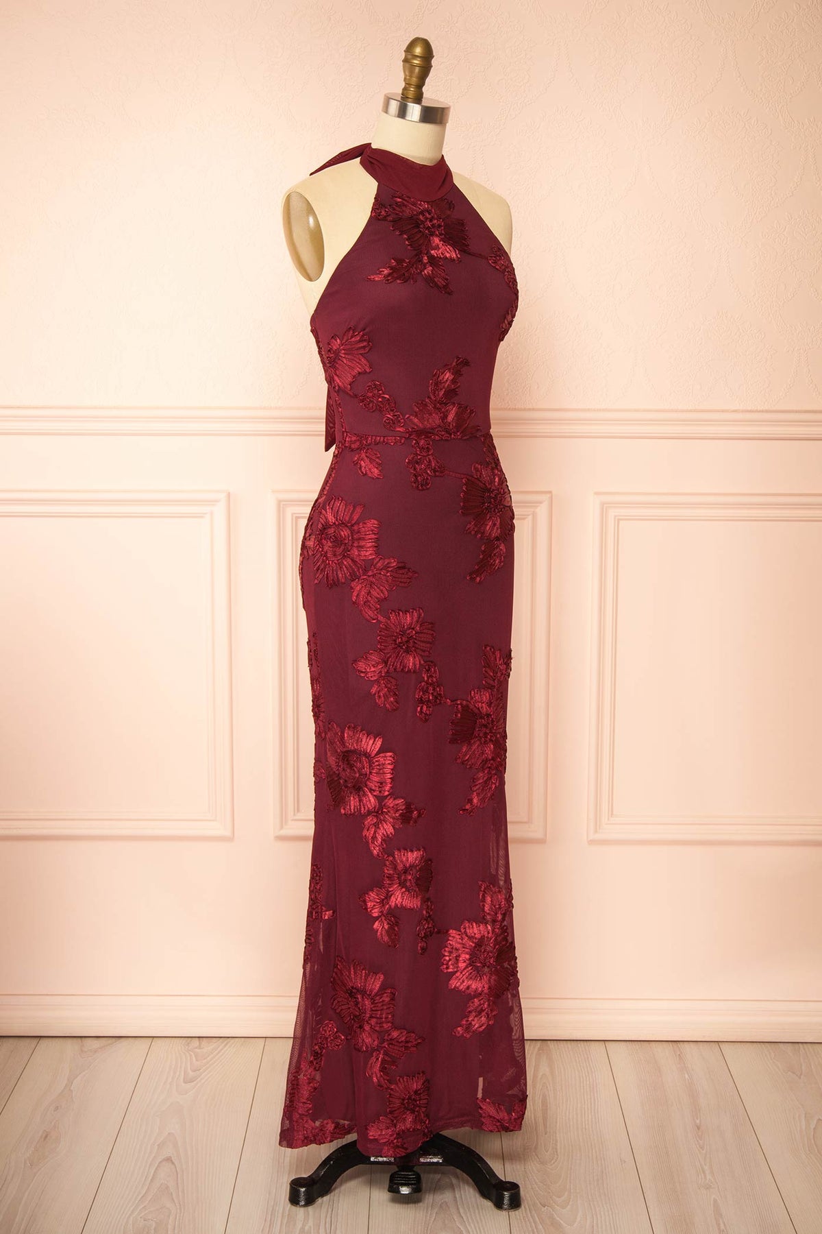 Atsuko | Burgundy Embroidered Halter Neck Maxi Dress