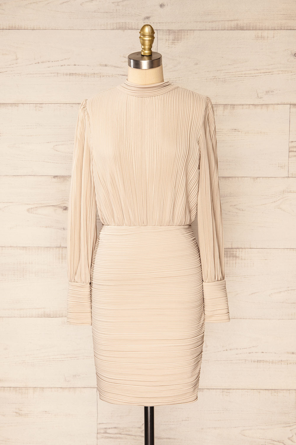 Atyrau Beige Short Pleated Dress w/ Long Sleeves | La petite garçonne front view