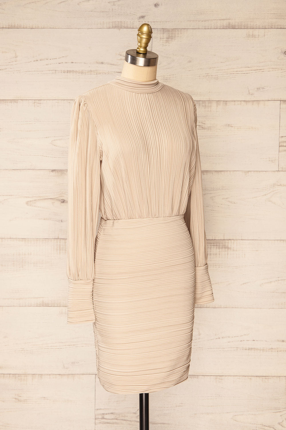 Atyrau Beige Short Pleated Dress w/ Long Sleeves | La petite garçonne side view