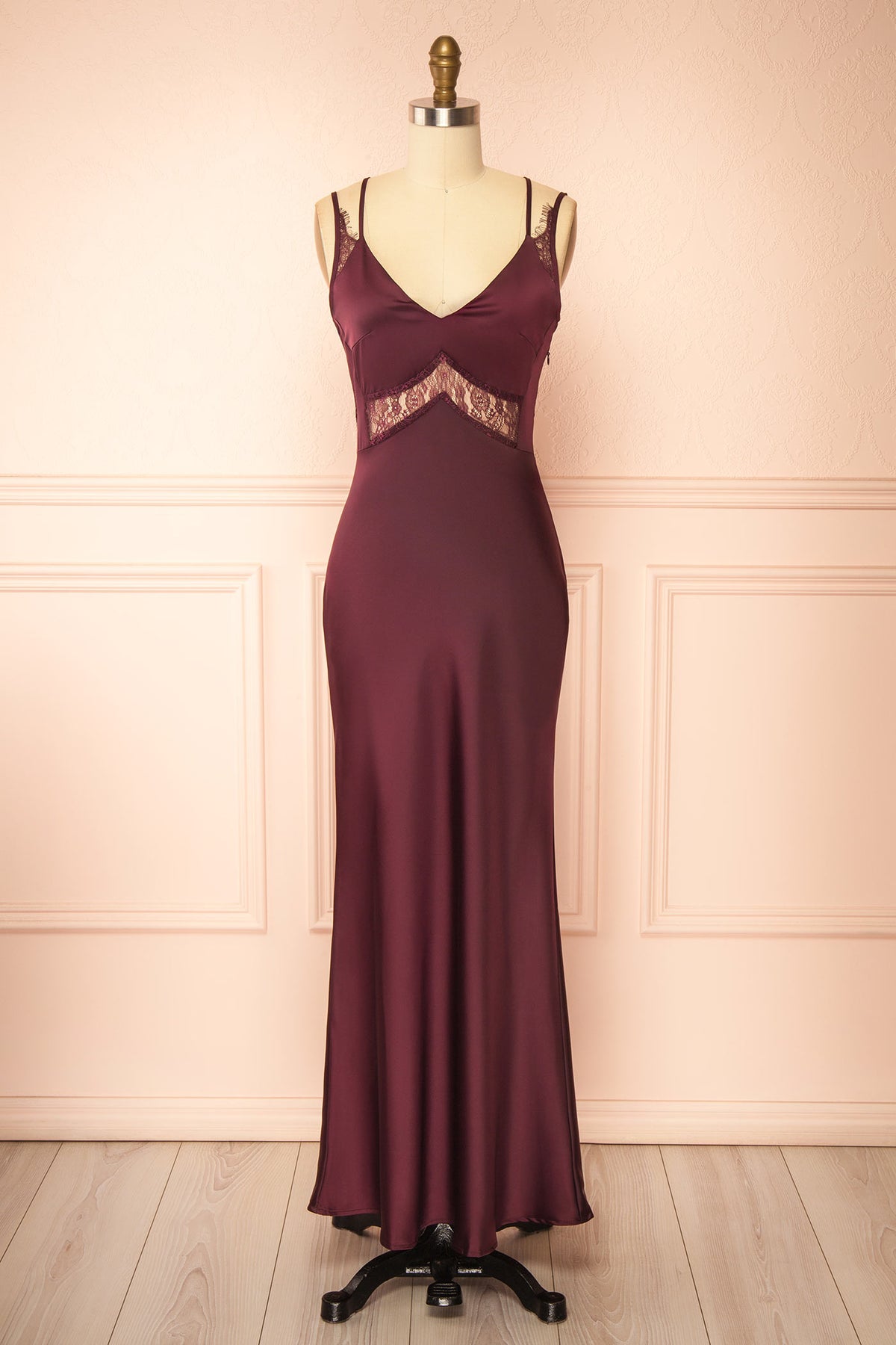 front view of Augustia Burgundy Satin Maxi Dress with Lace Accents and Strappy Cross Back at Boutique 1861
