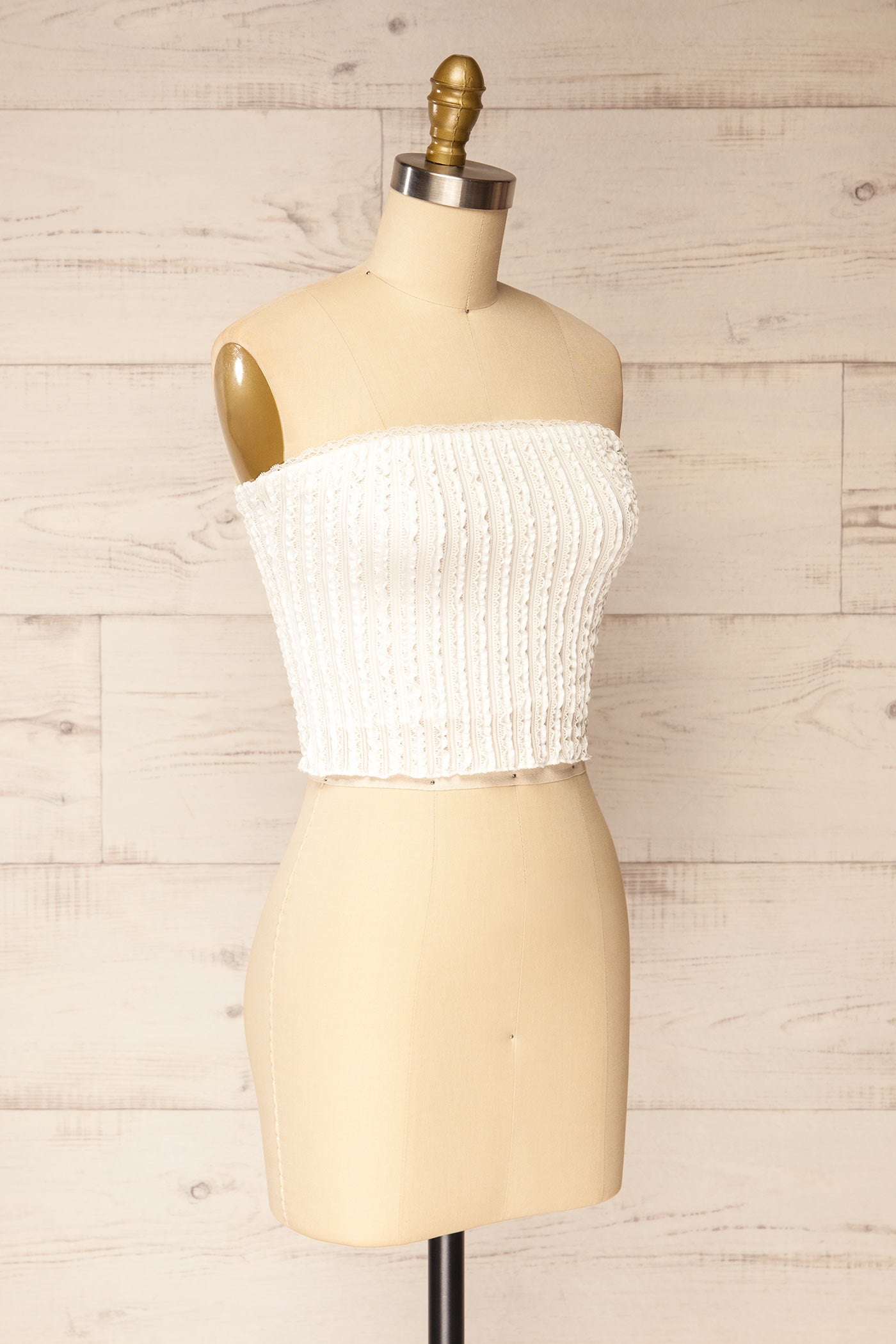 Profile view Aureilly Ivory Textured Ruffle Bandeau Top at la petite garçonne