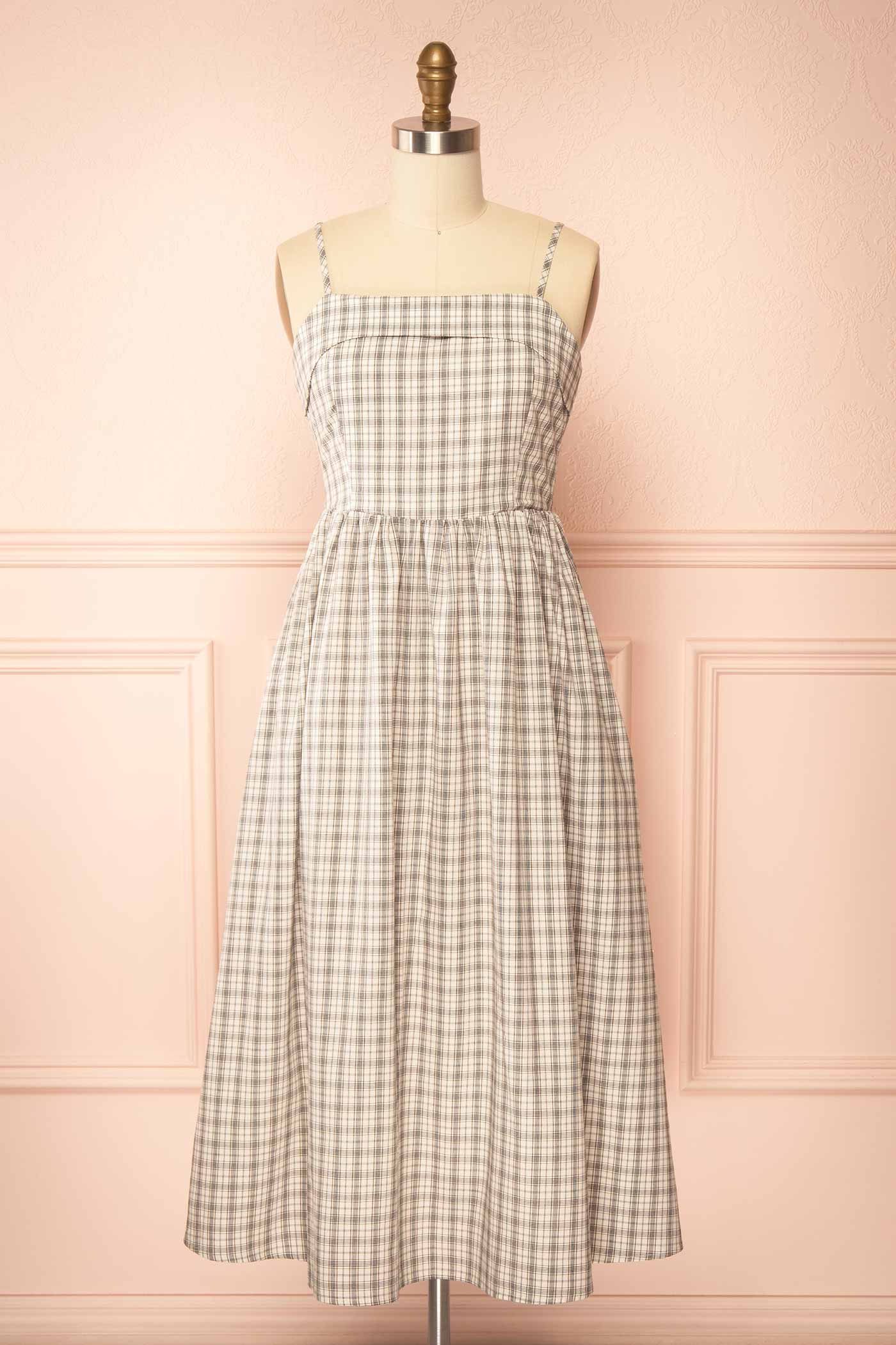 Frontview Auroria Black Plaid Midi A-Line Dress with Pocket at boutique 1861