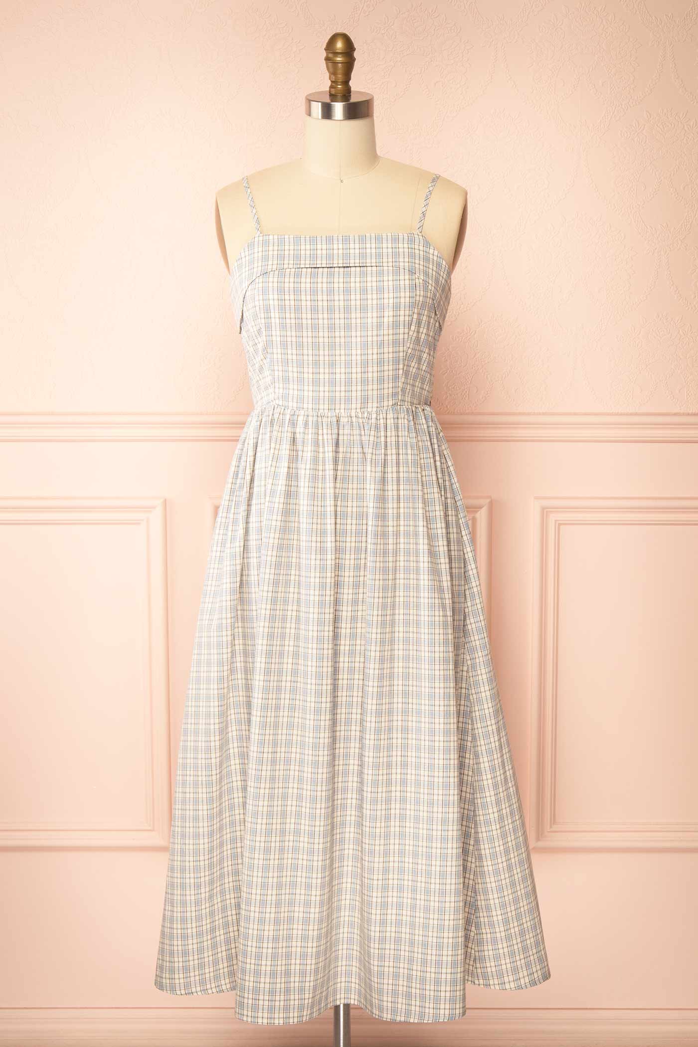 Auroria Blue Plaid Midi A-Line Dress with Pocket | Boutique 1861 Auroria Blue Plaid Midi A-Line Dress with Pocket | Boutique 1861