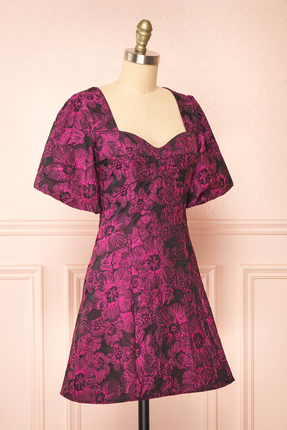 Avalora Short Black Floral Dress w/ Puffy Sleeves | Boutique 1861 side view