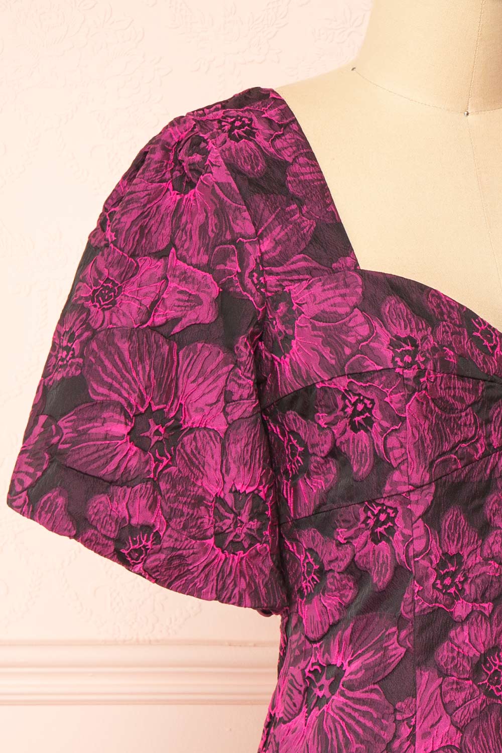 Avalora Short Black Floral Dress w/ Puffy Sleeves | Boutique 1861 side close-up