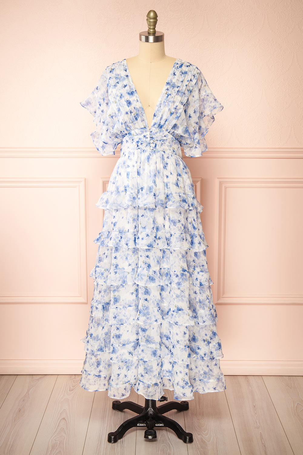 Aveline Blue Floral Maxi Dress w/ Ruffles | Boutique 1861 front view
