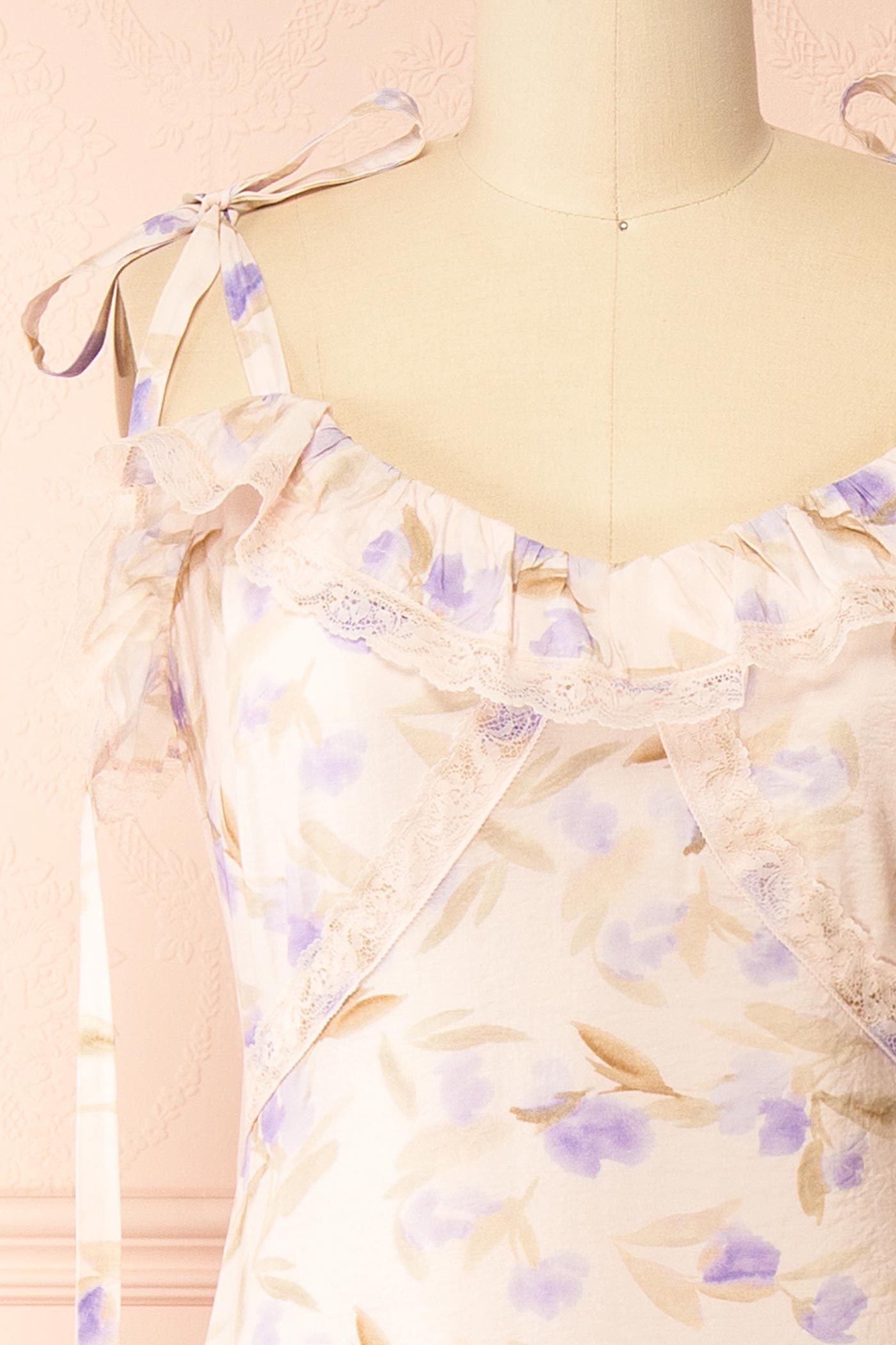Close-up Avens Blush Floral Maxi Dress with Ruffles at la boutique 1861