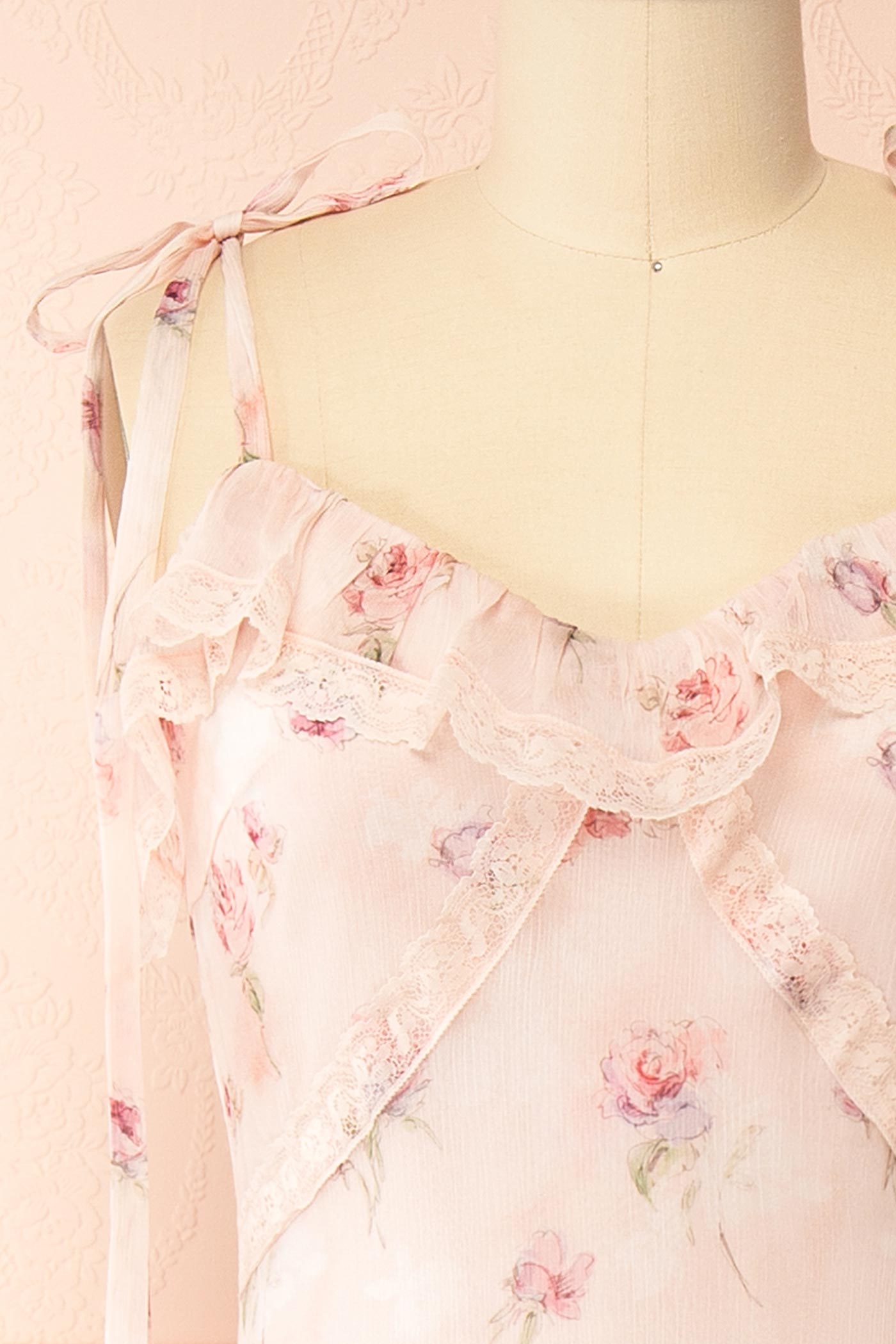 Close-up Aventina Blush Maxi Dress with Ruffles and Floral Pattern at la boutique 1861