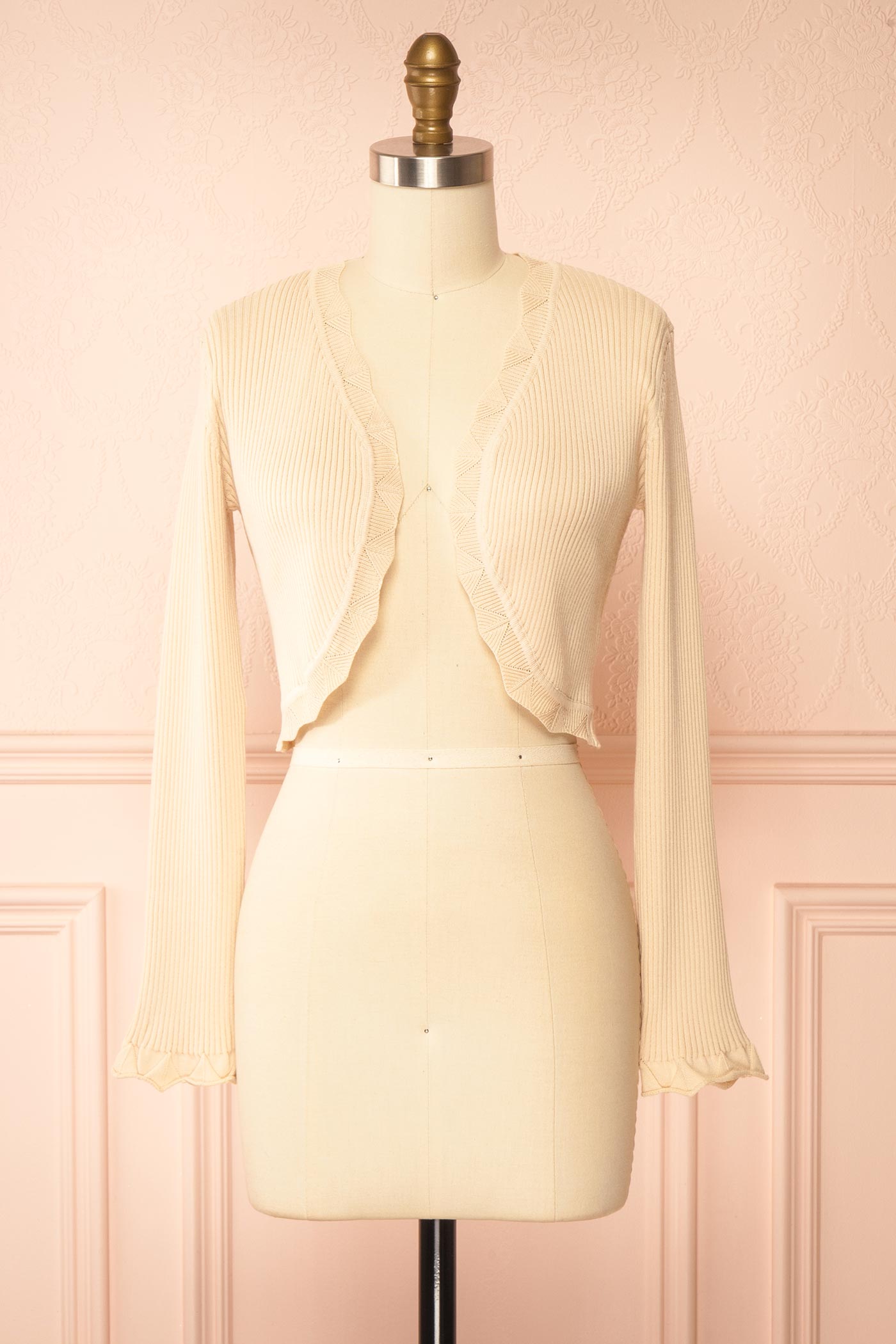 Frontview of Averie Beige Cropped Knit Bolero with Scalloped Edges from boutique 1861.