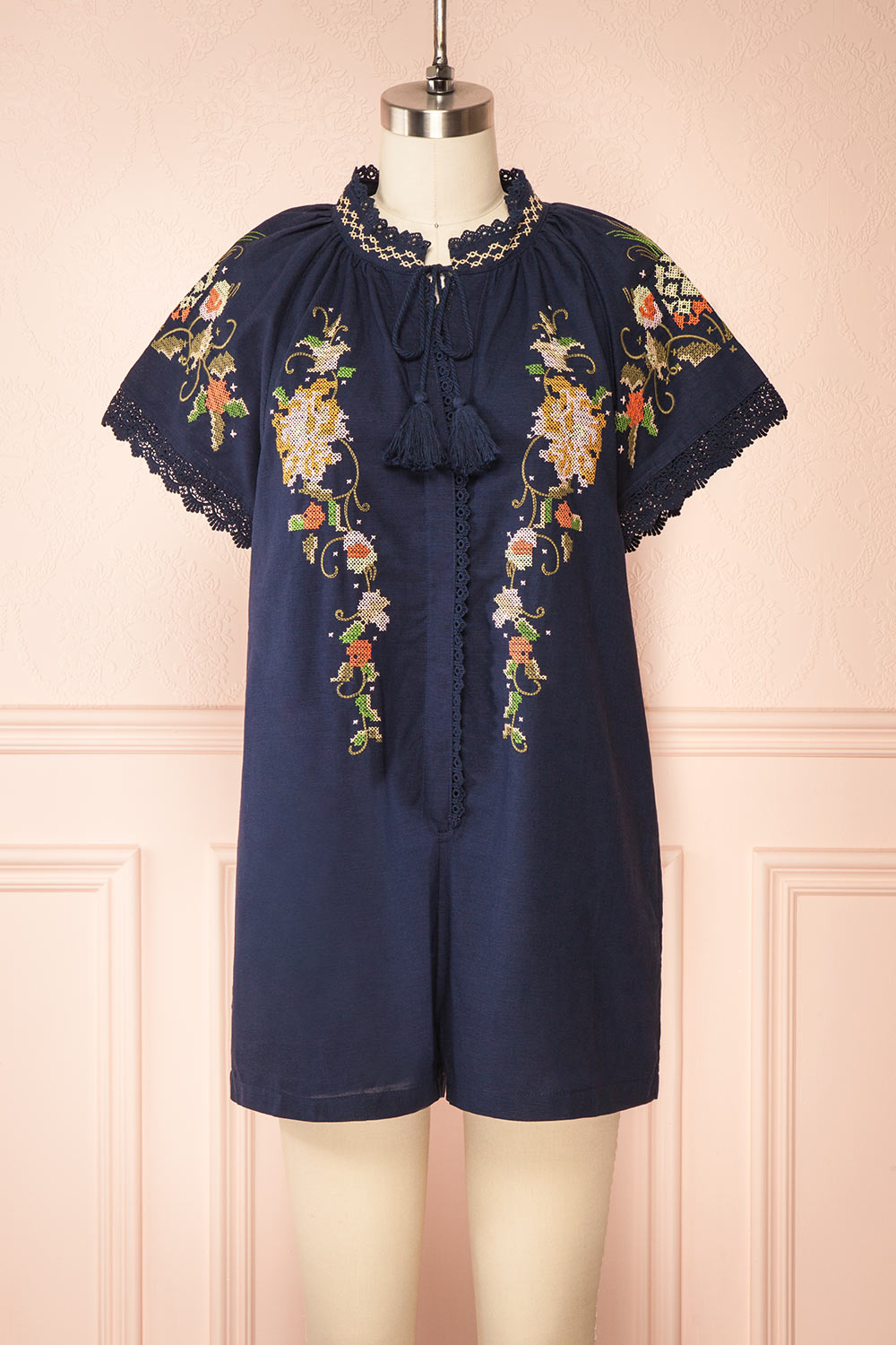 Avril Navy Romper with Floral Cross-Stitch Boutique 1861
