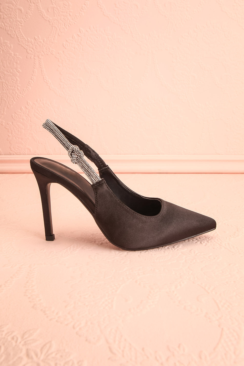 Awenita Black Pointed Toe Heels w/ Crystals | Boutique 1861 side view