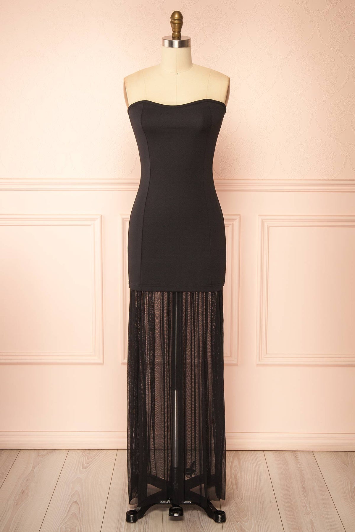 front view of Axelia Black Strapless Maxi Dress with Sheer Mesh Hem at Boutique 1861