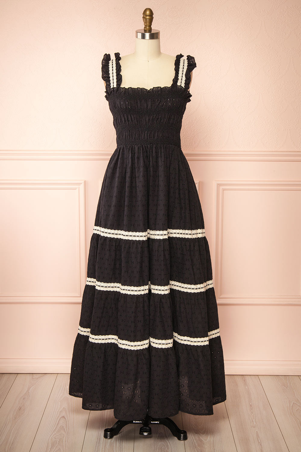 Ayoko Long Black Open Work Dress w/ Lace Detailing | Boutique 1861 front view