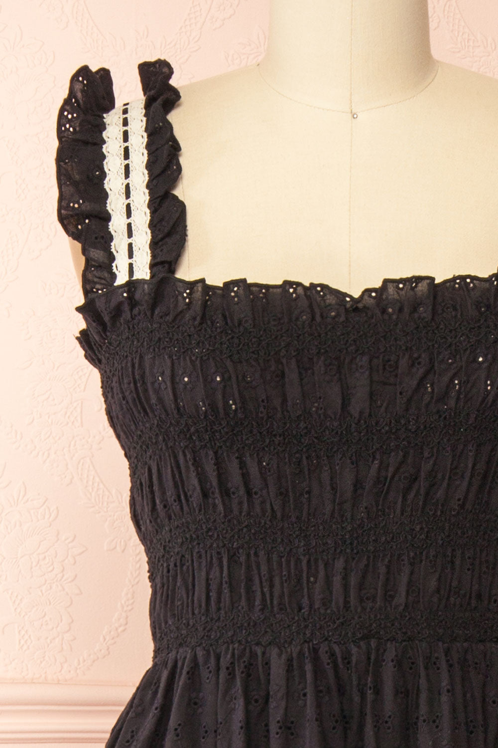 Ayoko Long Black Open Work Dress w/ Lace Detailing | Boutique 1861 front