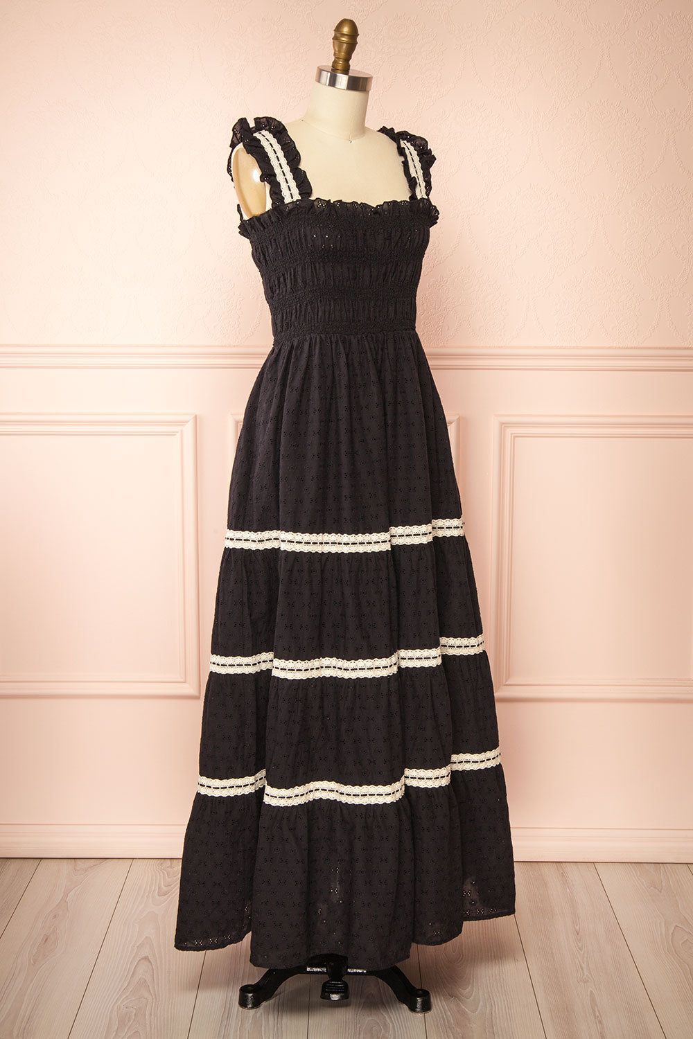 Ayoko Long Black Open Work Dress w/ Lace Detailing | Boutique 1861 side view