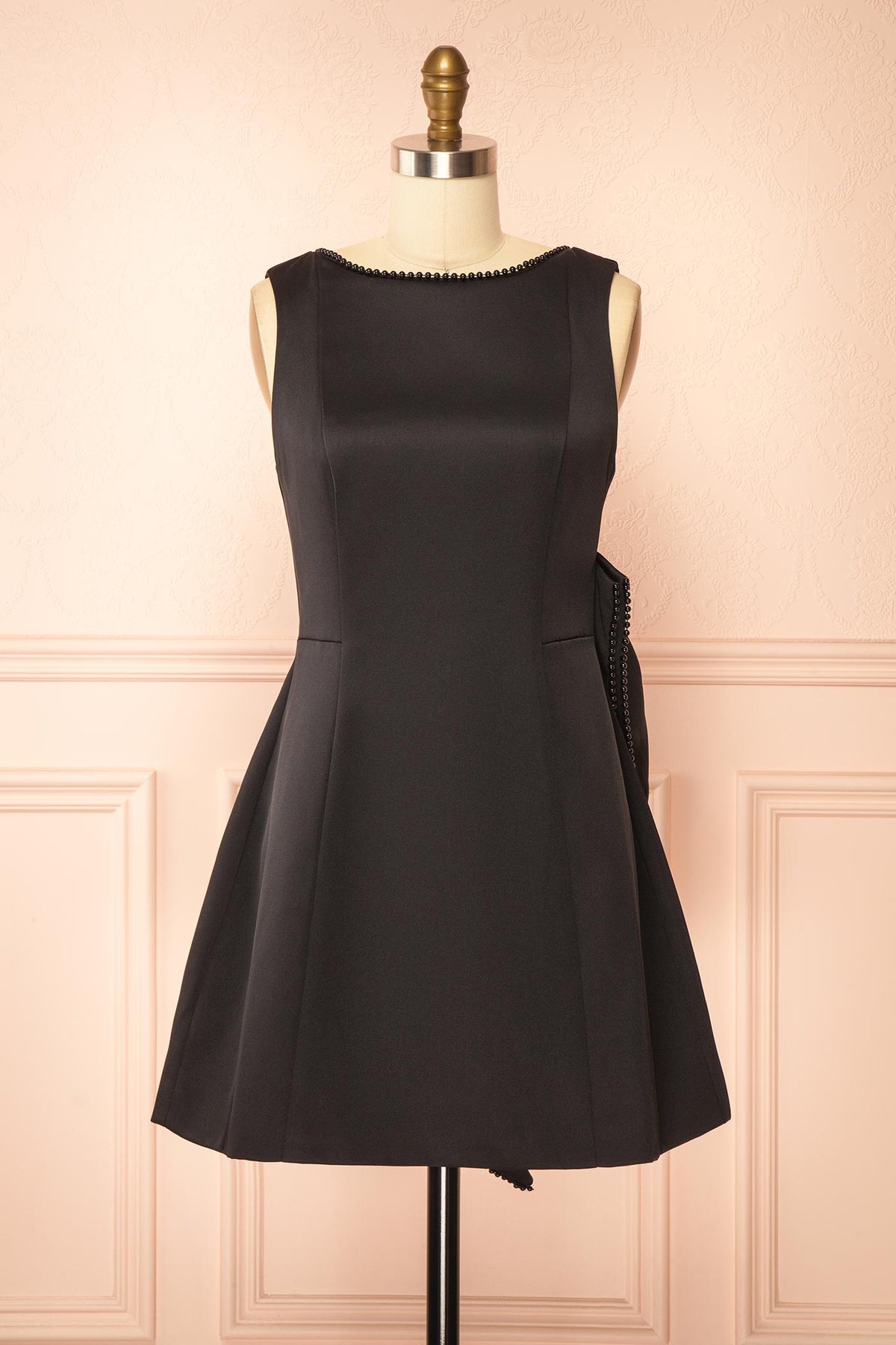 front view of Azena Black Satin Short Dress with Open Back at Boutique 1861