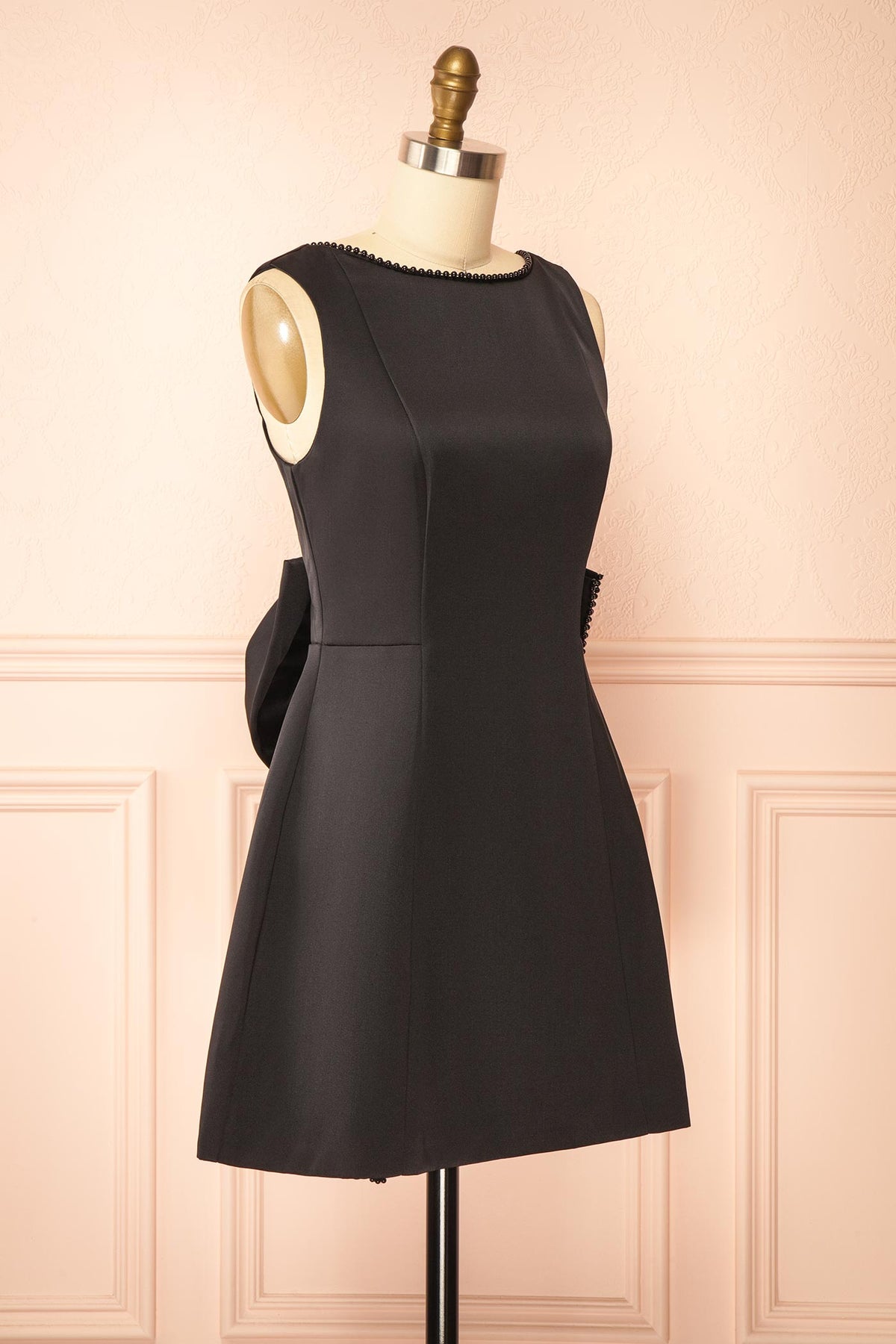 side view of Azena Black Satin Short Dress with Open Back at Boutique 1861