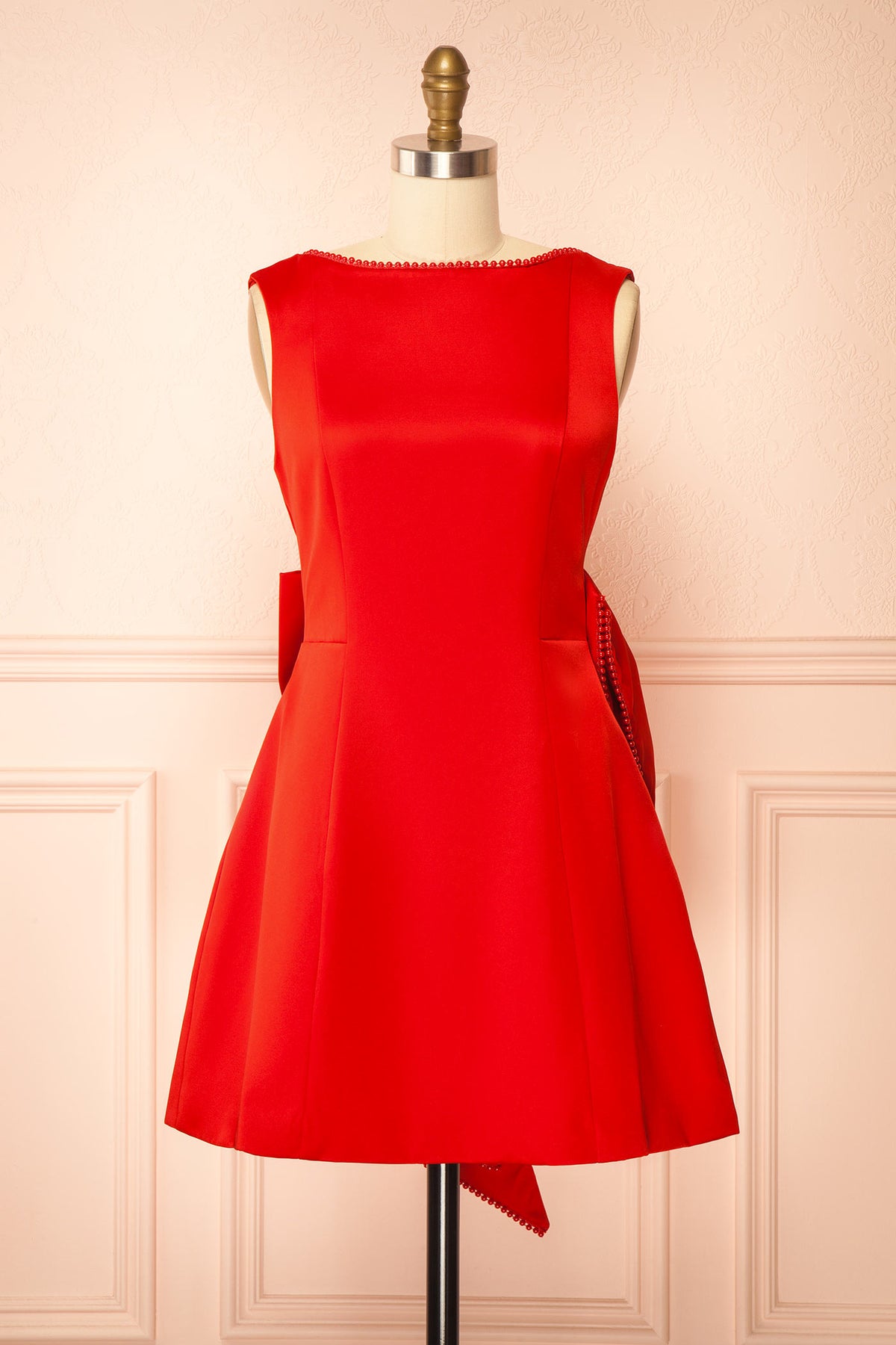front view of Azena Red Satin Short Dress with Open Back at Boutique 1861