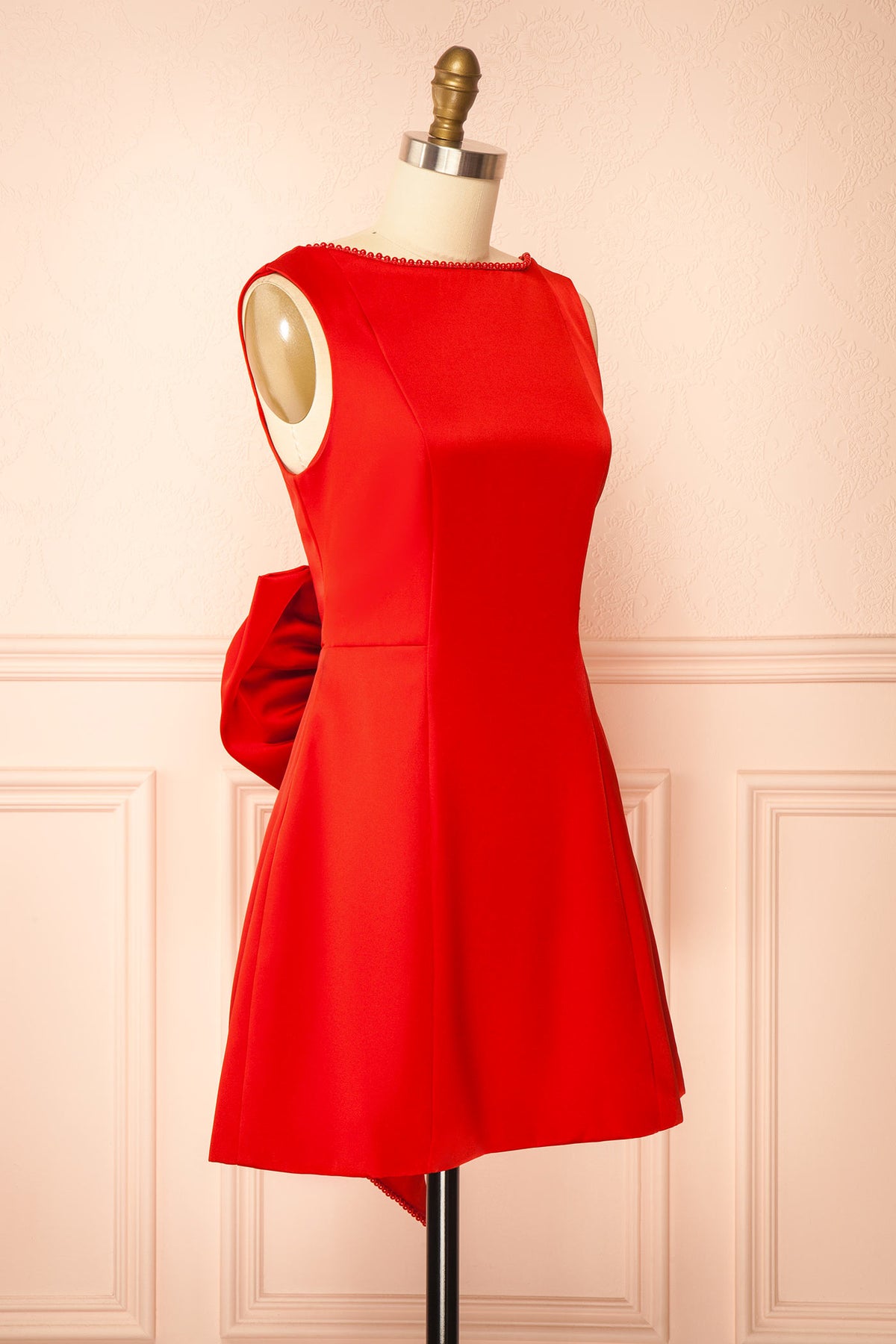 side view of Azena Red Satin Short Dress with Open Back at Boutique 1861