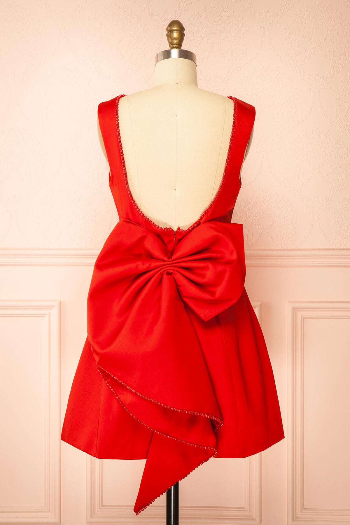 back view of Azena Red Satin Short Dress with Open Back at Boutique 1861