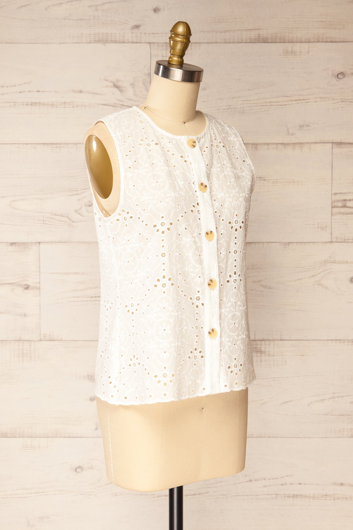 Profile view Azillya Embroidered Cotton Sleeveless Top with Buttons at la petite garçonne