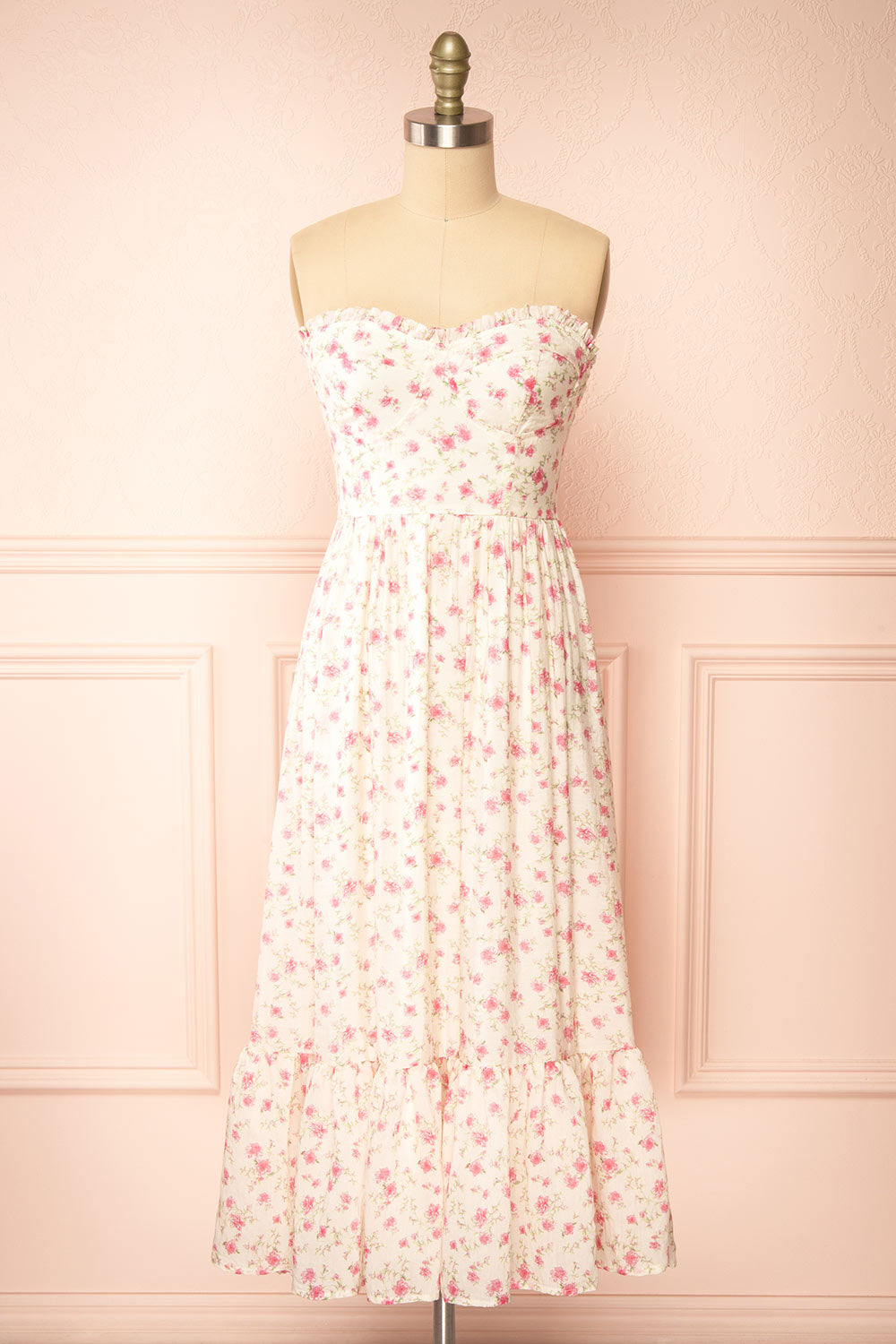 strapless open back dress White And Pink Floral Short Dress
