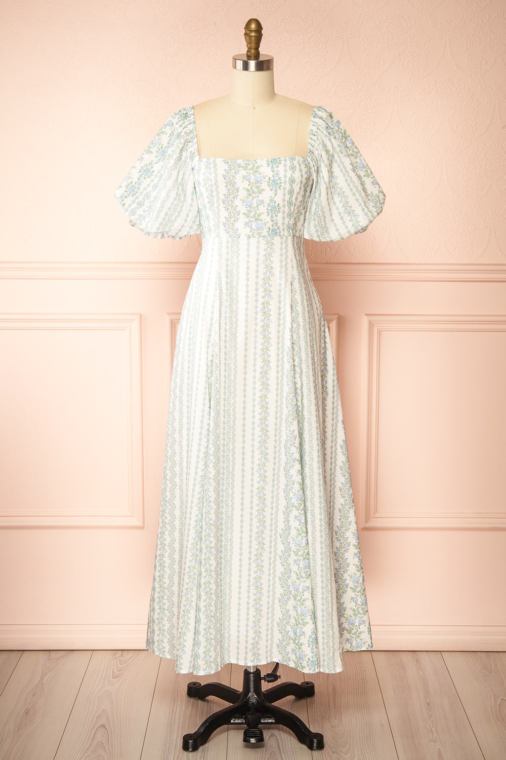 Bachira Blue Long Floral Dress with Back Tie | Boutique 1861 front view