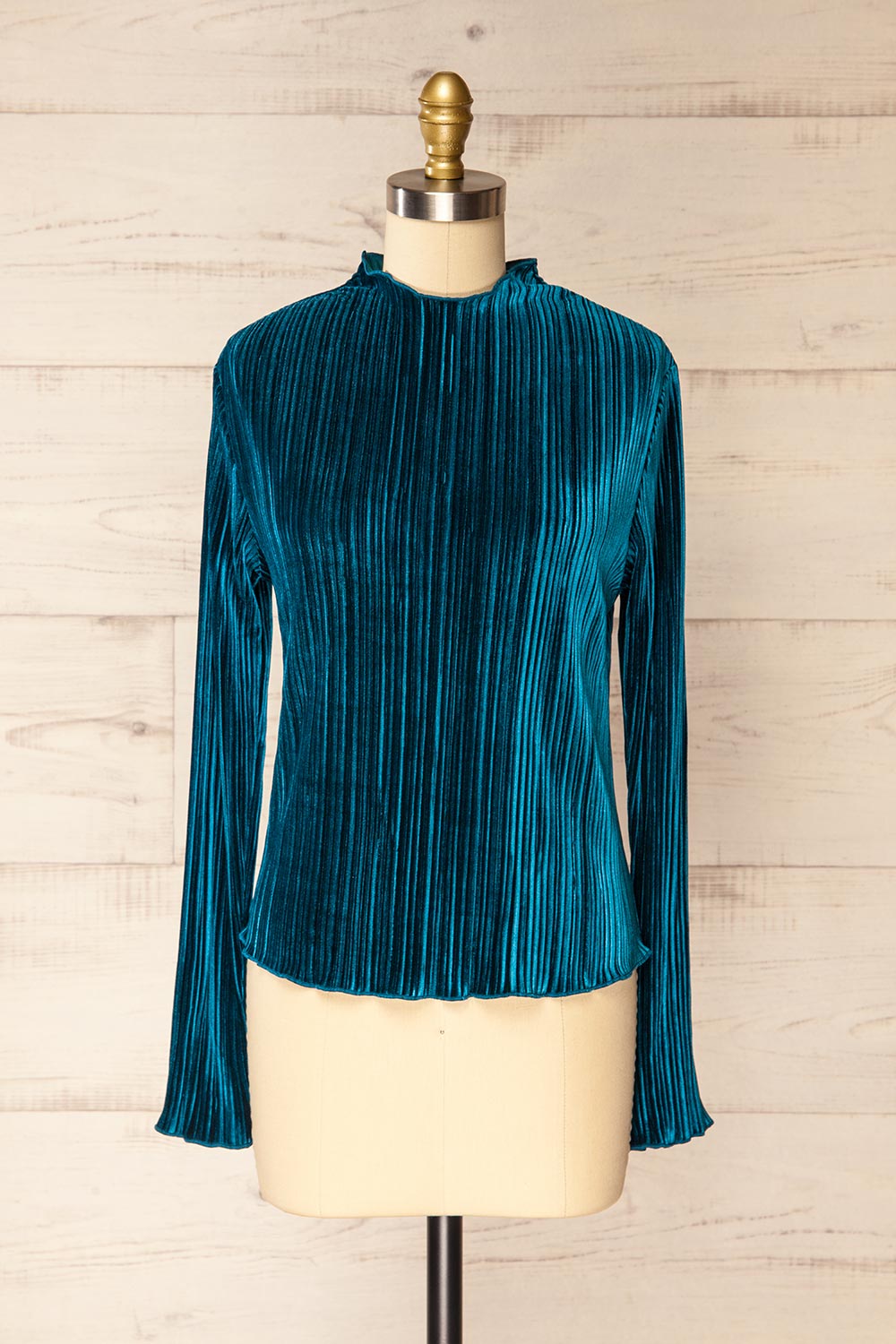 Bagnolet Teal Ribbed Top w/ Stand Collar | La petite garçonne front view