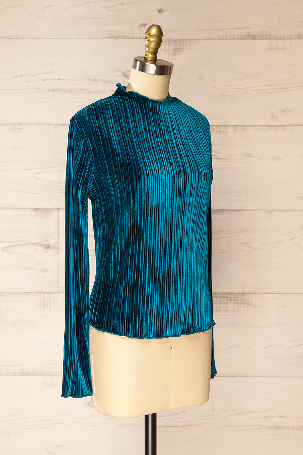 Bagnolet Teal Ribbed Top w/ Stand Collar | La petite garçonne side view