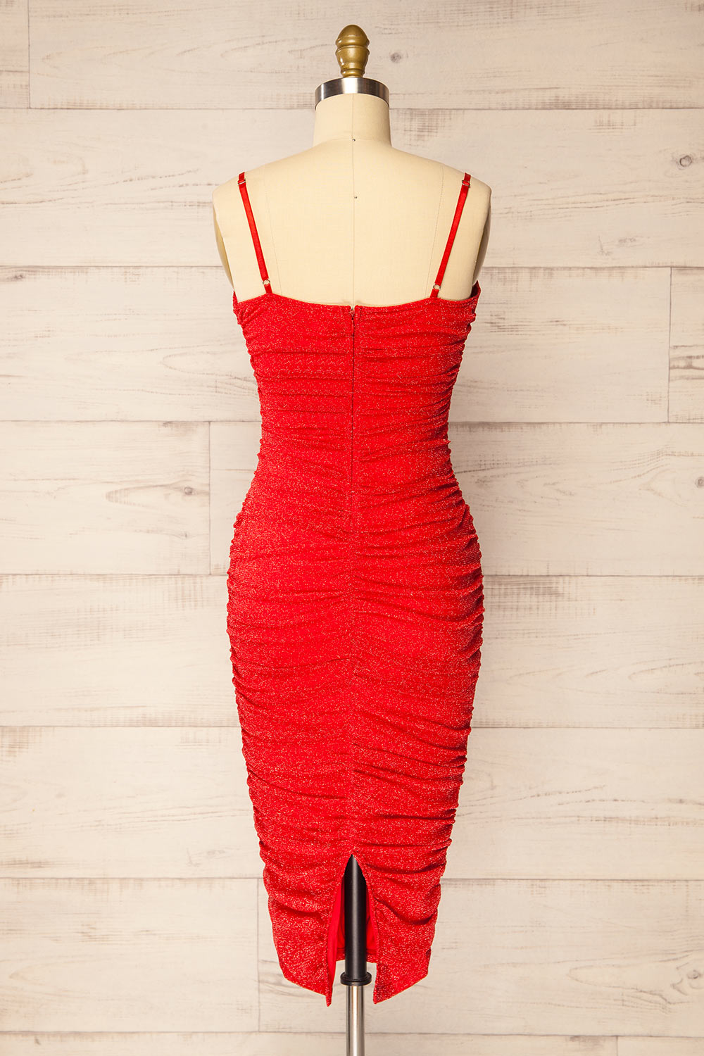 Baku Red Fitted Ruched Sparkly Midi Dress | La petite garçonne back view