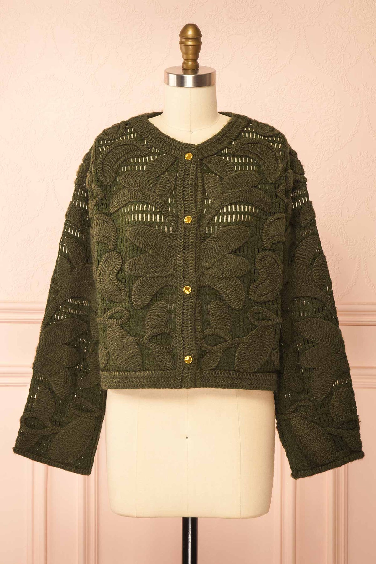 front view of Baldina Green Knit Cardigan with Golden Buttons at Boutique 1861