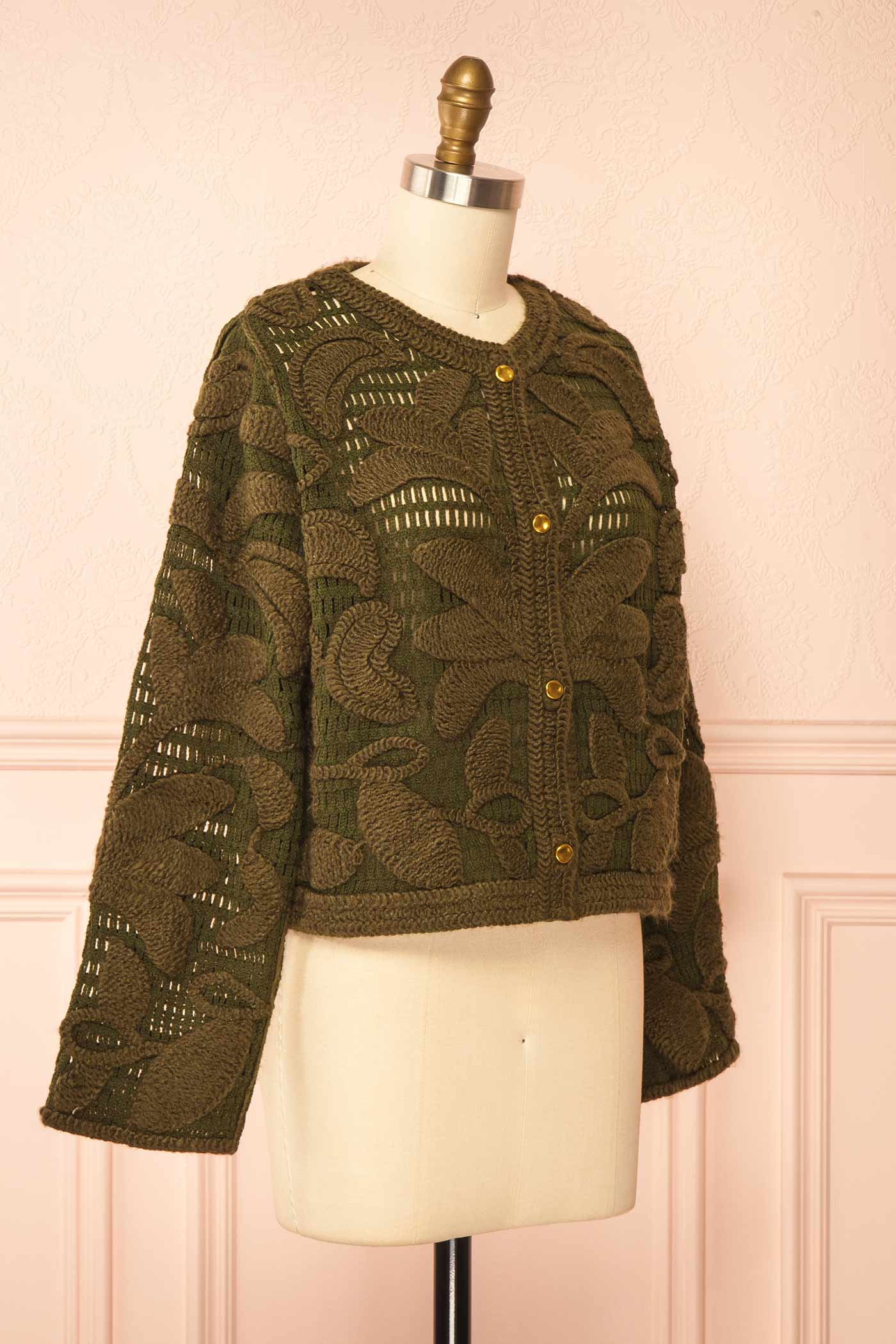 side Baldina Green Knit Cardigan with Golden Buttons at Boutique 1861 front