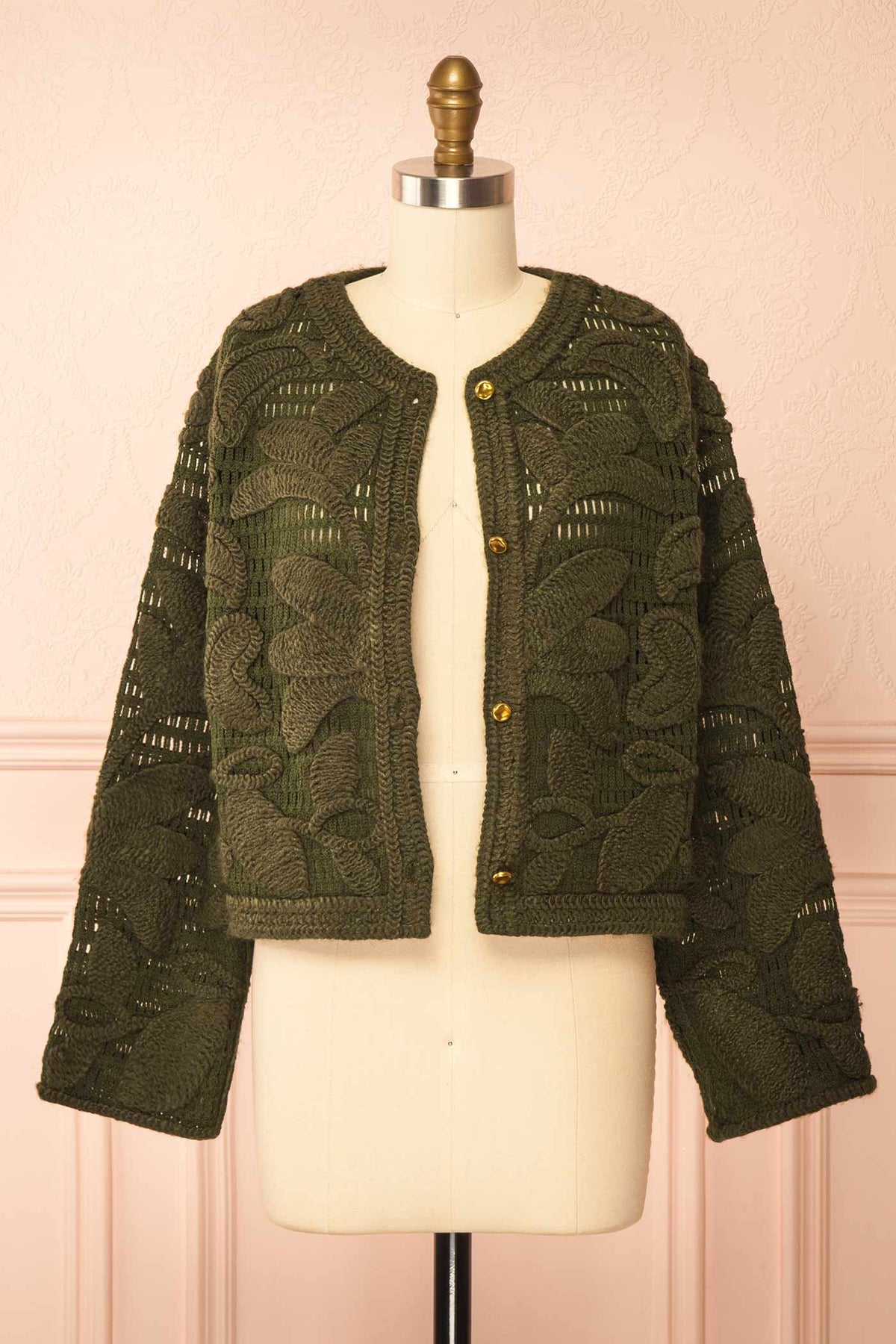 open view of Baldina Green Knit Cardigan with Golden Buttons at Boutique 1861