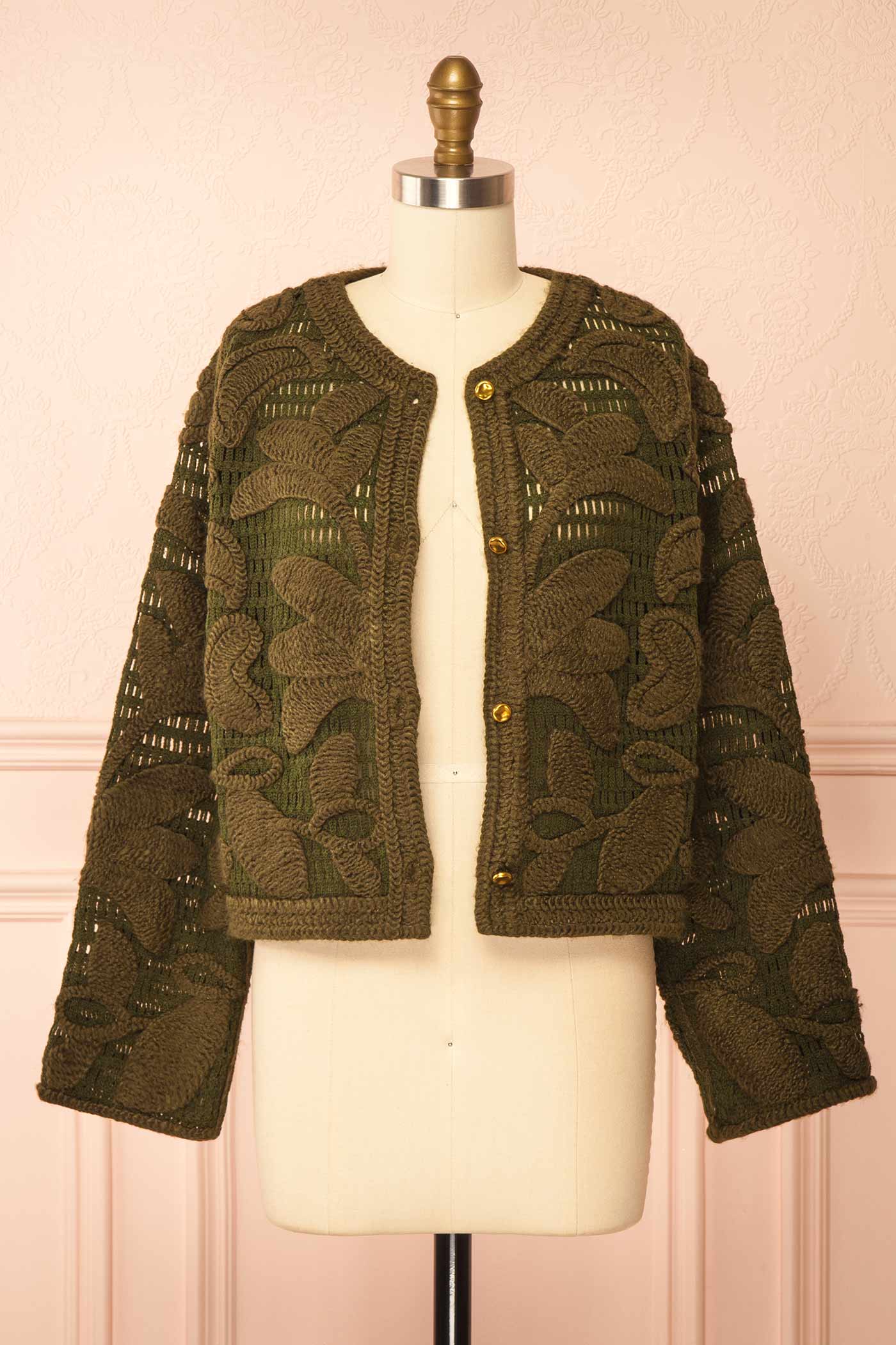 open view of Baldina Green Knit Cardigan with Golden Buttons at Boutique 1861 front
