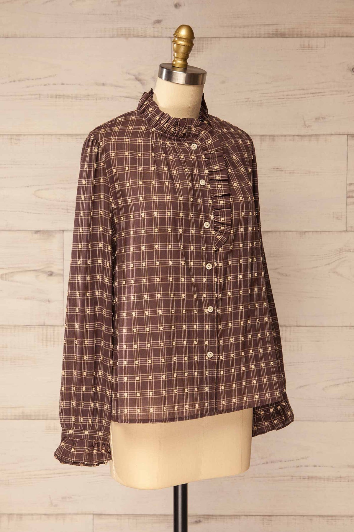 side view of Barachois Brown Plaid Clip-Dot Button-Down Ruffle Blouse at La petite garçonne