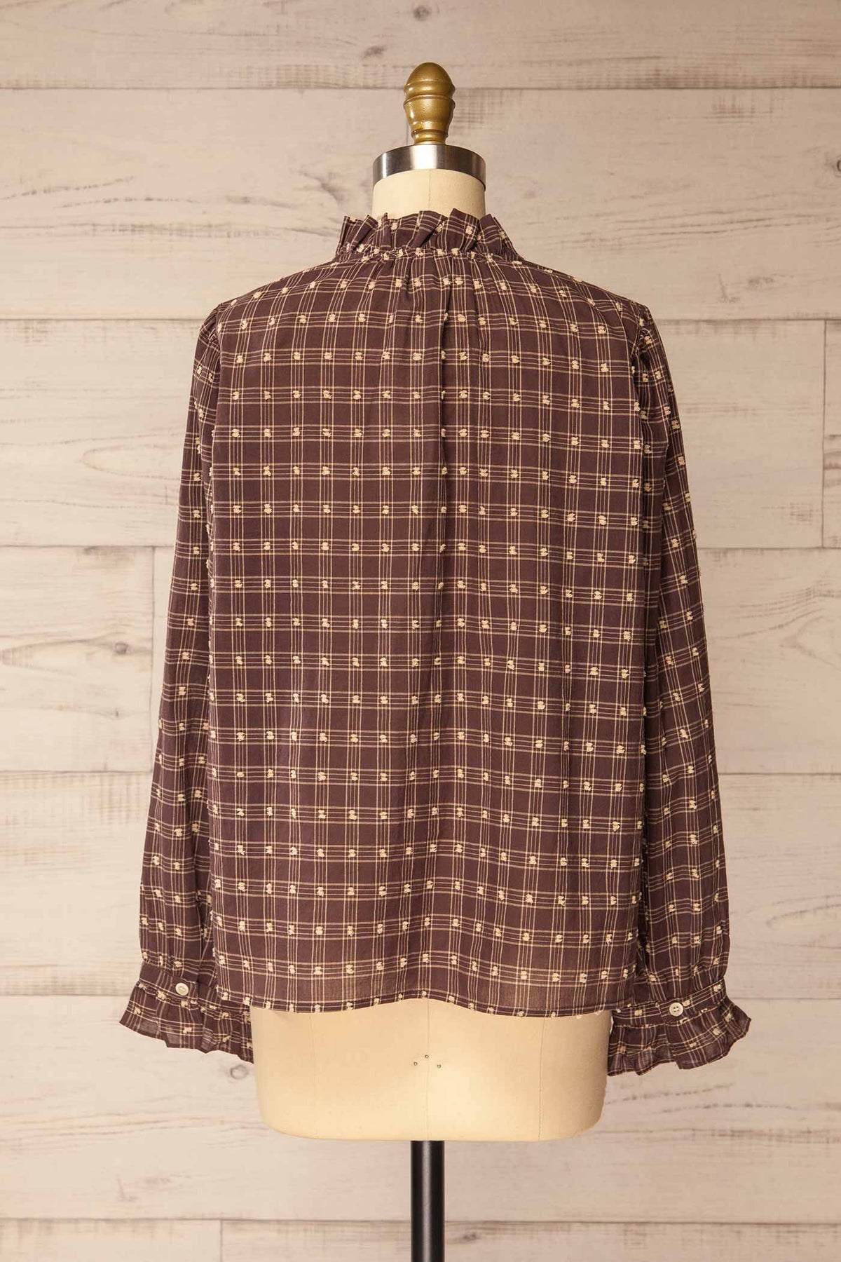 back view of Barachois Brown Plaid Clip-Dot Button-Down Ruffle Blouse at La petite garçonne