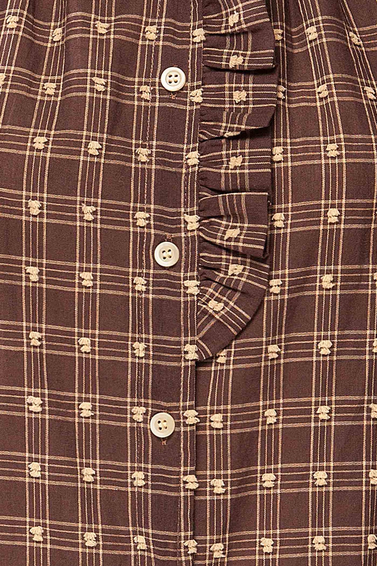 fabric view of Barachois Brown Plaid Clip-Dot Button-Down Ruffle Blouse at La petite garçonne