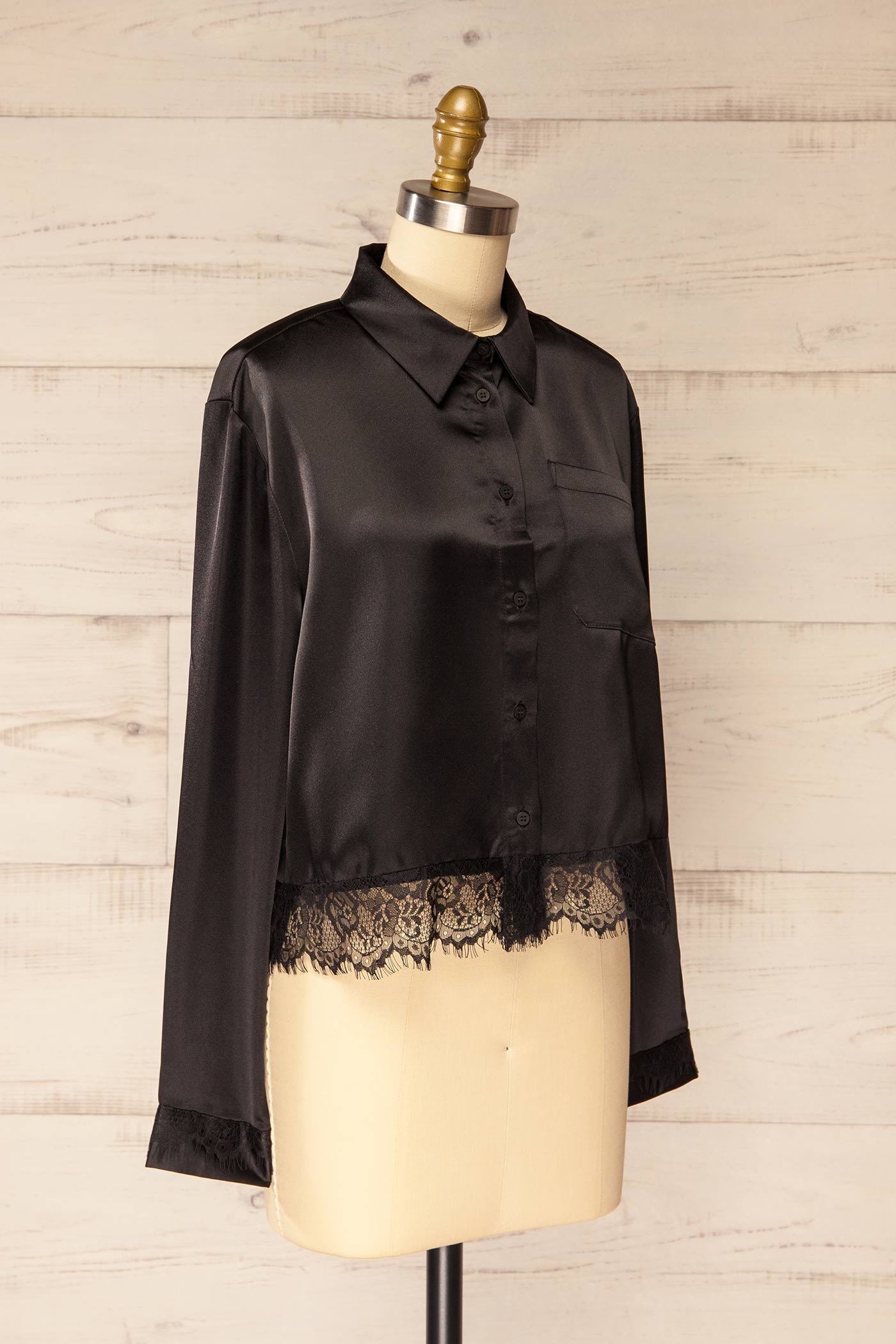 Baramula Black Satin Cropped Shirt with Lace | La petite garçonne side