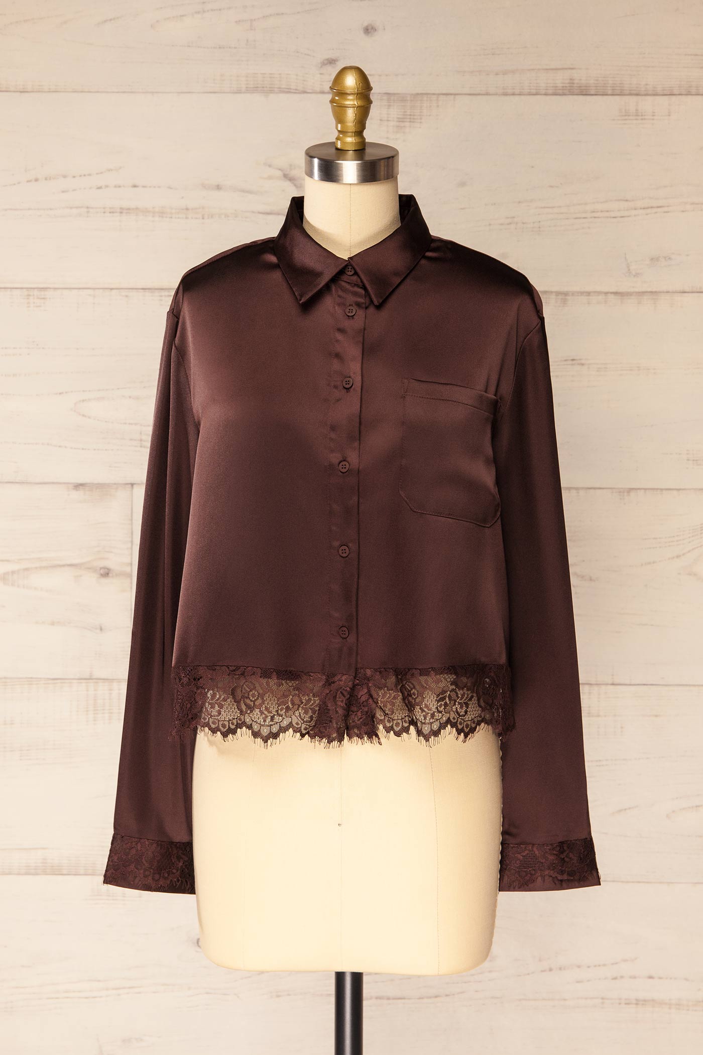 Baramula Brown Satin Cropped Shirt with Lace | La petite garçonne front