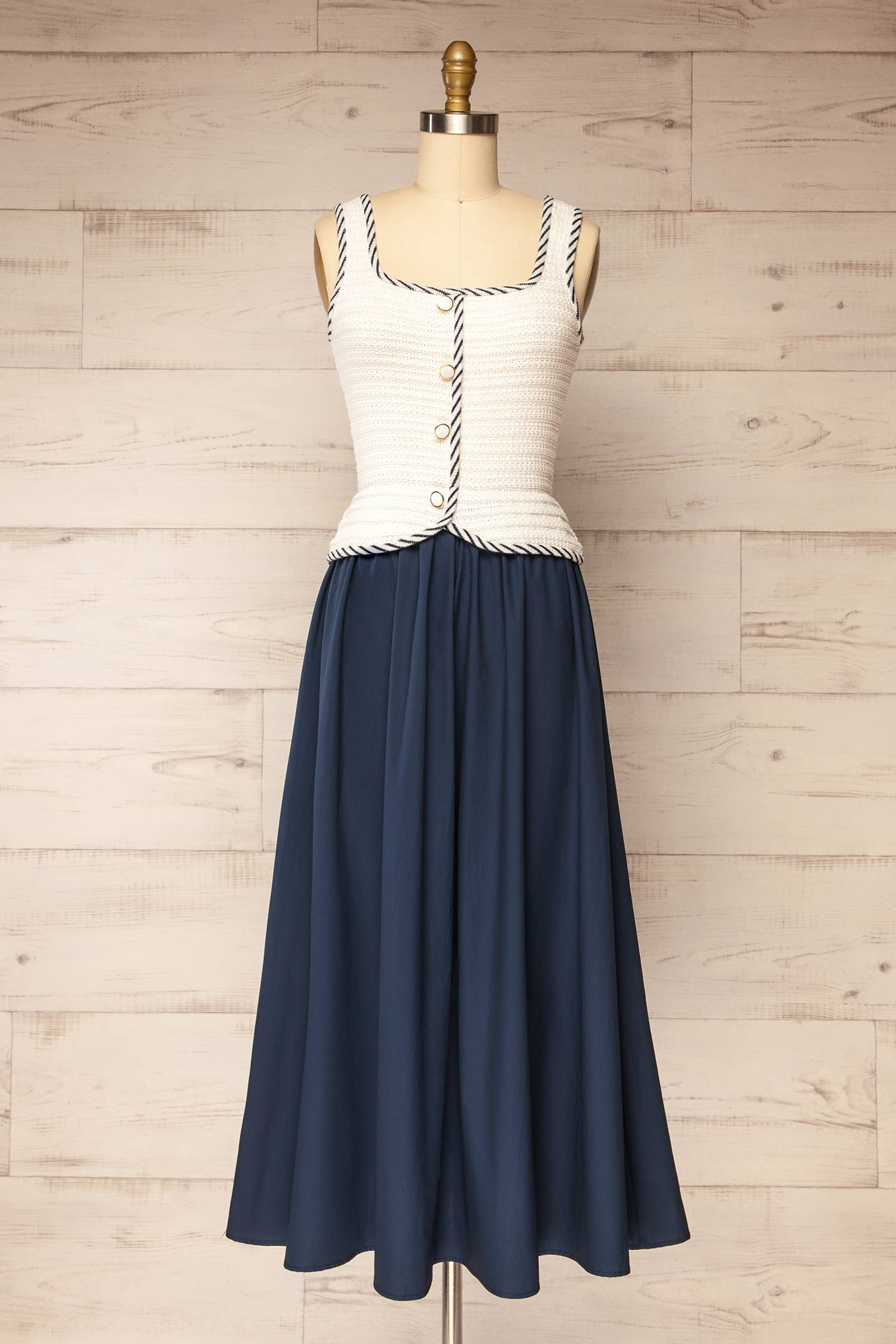 Frontview Barauni Navy Blue Maxi Dress in White Knit Top at la petite garçonne