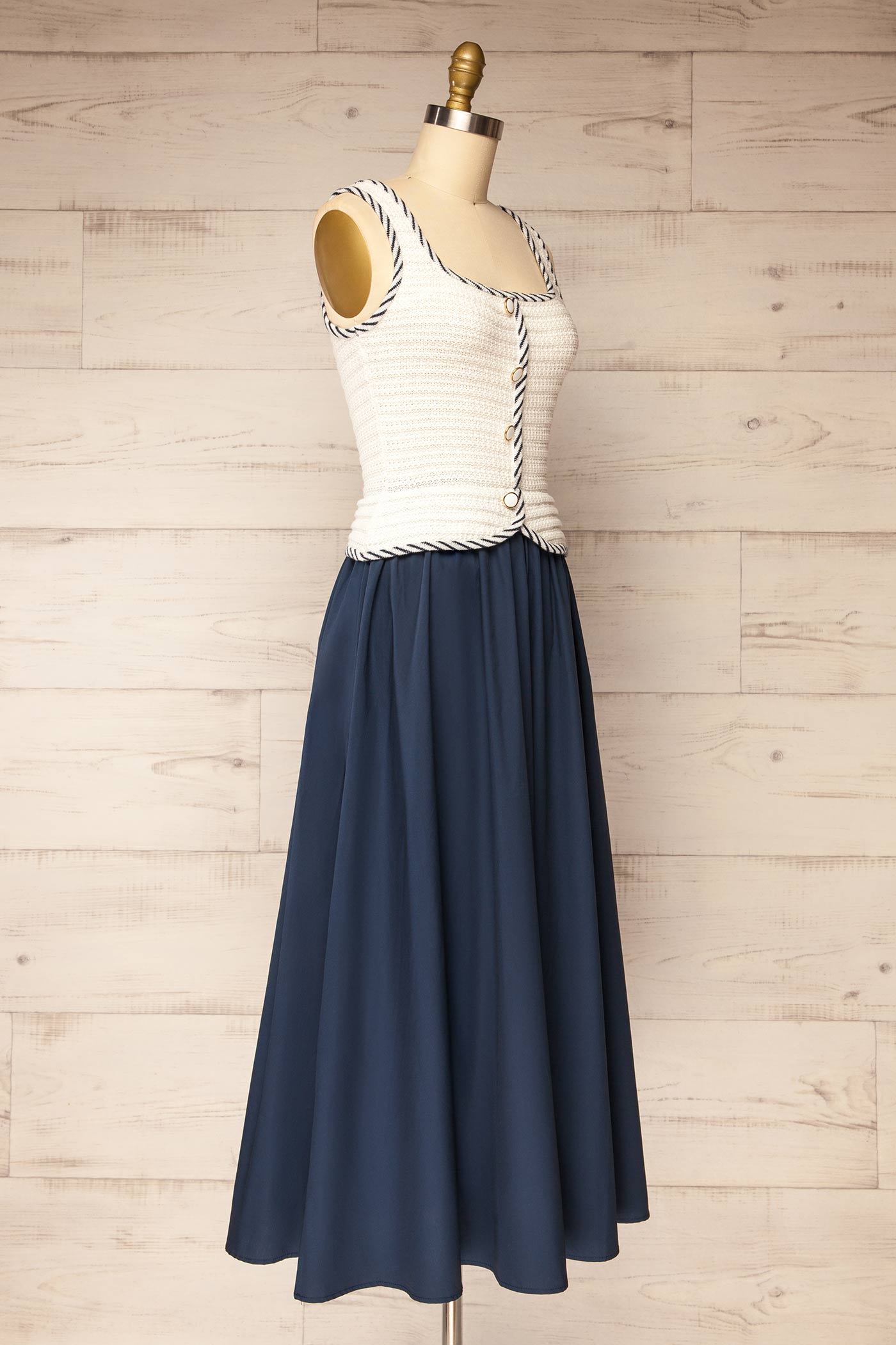 Profile Barauni Navy Blue Maxi Dress in White Knit Top at la petite garçonne