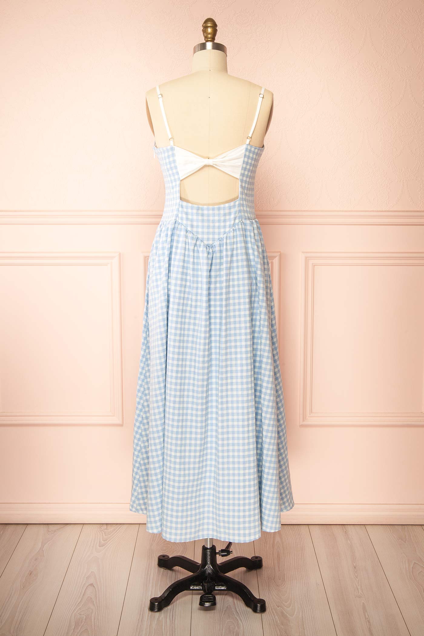 Barley | Blue Gingham Open Back Maxi Dress with Bow Detail