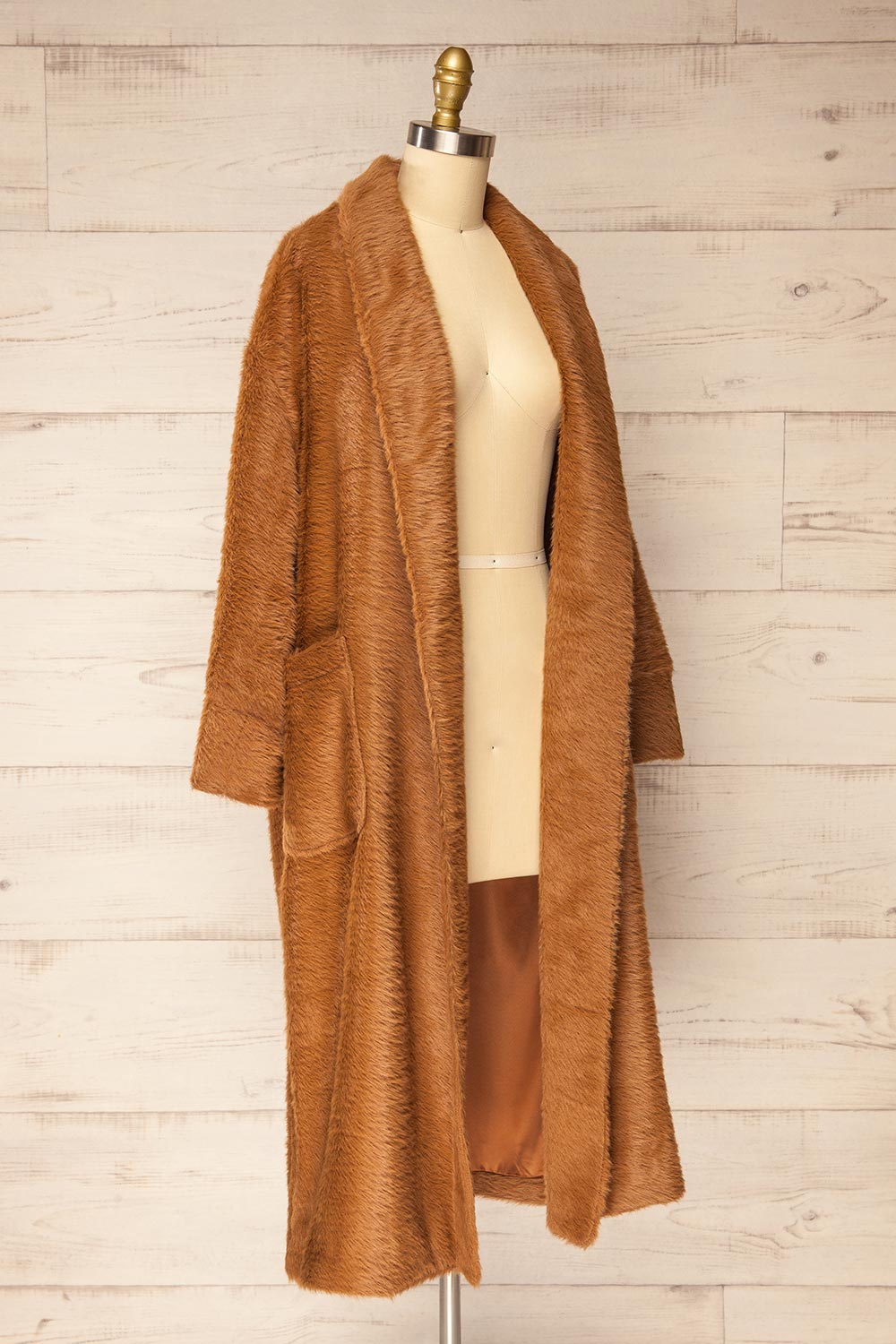 Bartin Brown Open-Front Faux Fur Coat | La petite garçonne side view
