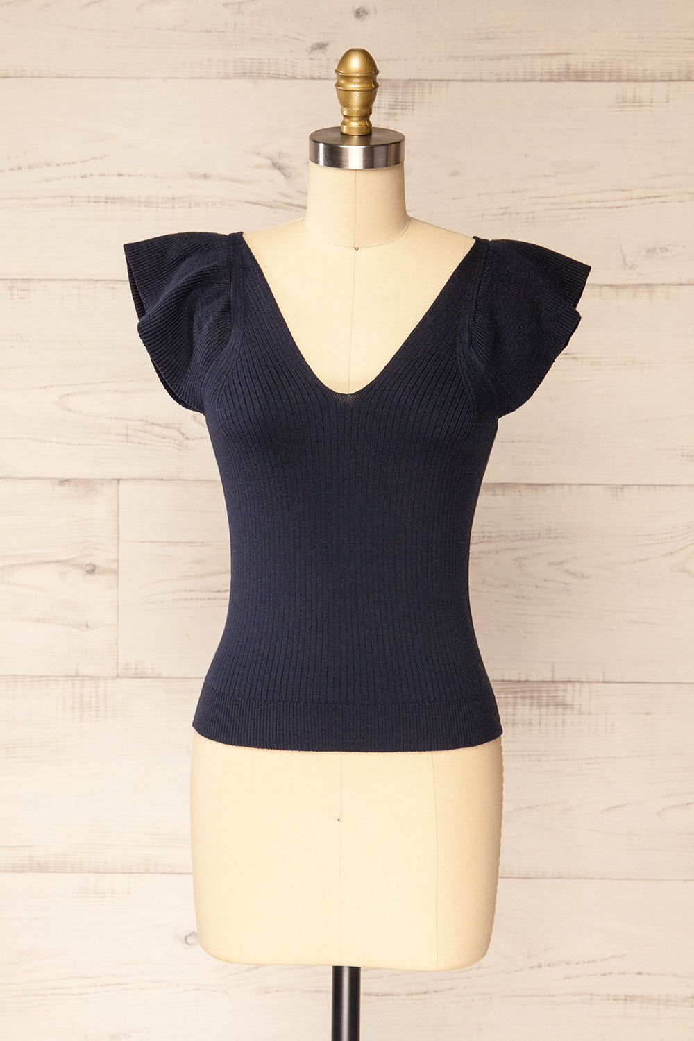 Basrah Navy Knitted V-Neck Top | La petite garçonne front view