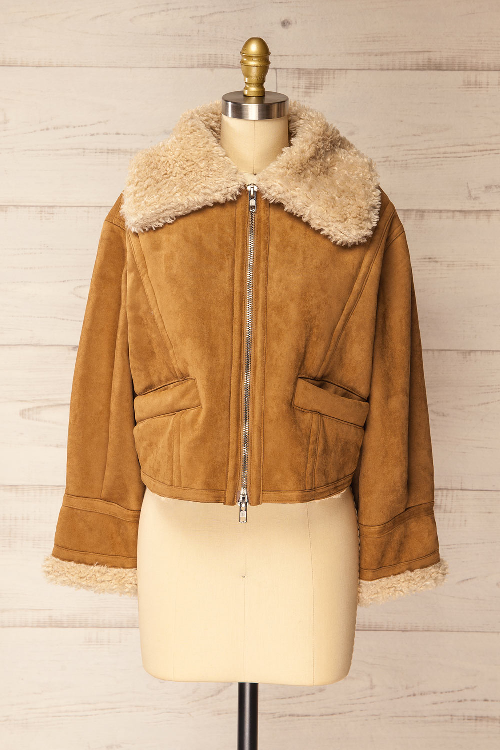 Bathrust Faux Suede Caramel Jacket with Sherpa Lining | La petite garçonne front view