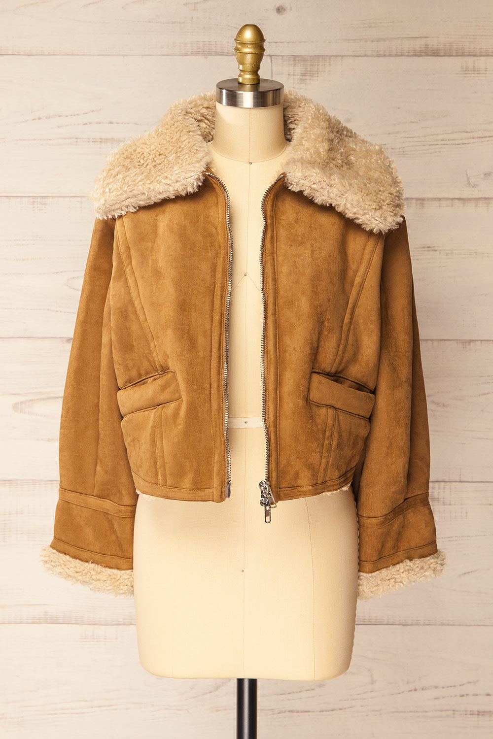 Bathrust Faux Suede Caramel Jacket with Sherpa Lining | La petite garçonne open view