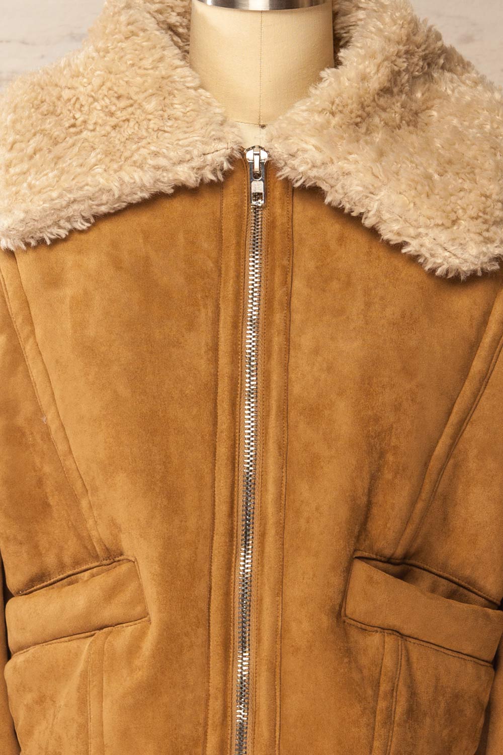 Bathrust Faux Suede Caramel Jacket with Sherpa Lining | La petite garçonne front