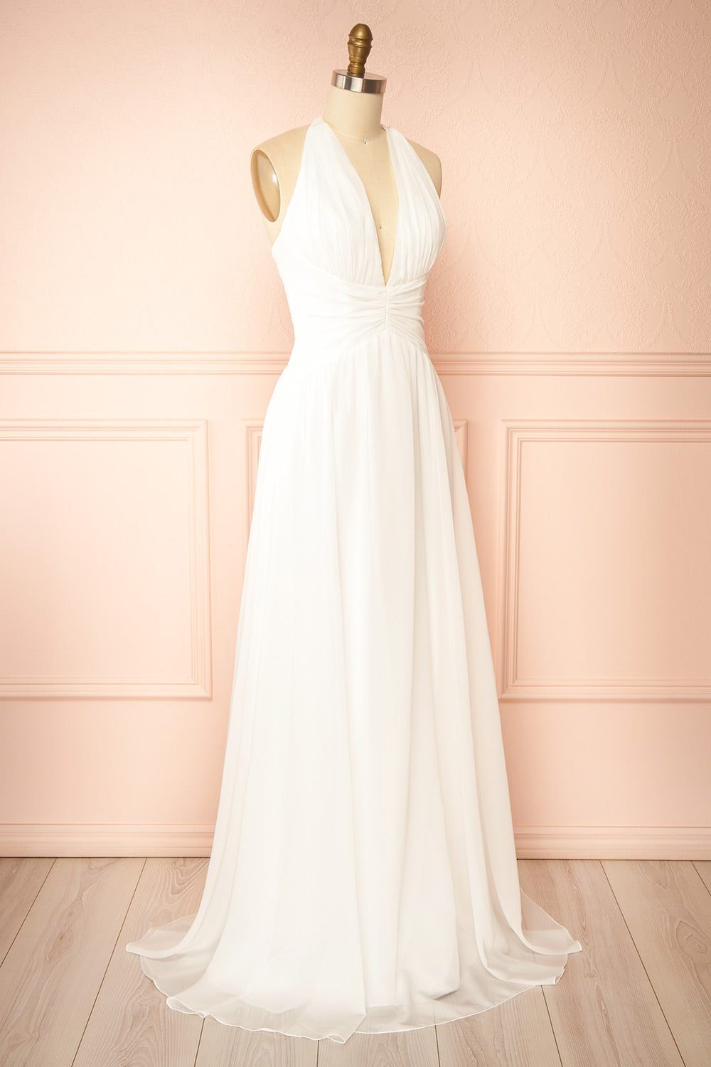 Bayley Chiffon Halter Neck White Maxi Dress | Boudoir 1861 side view
