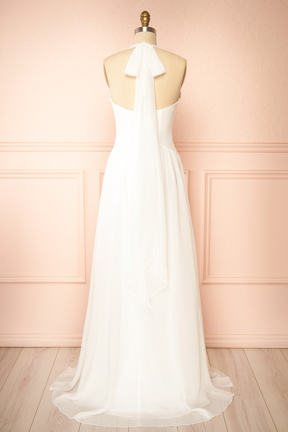 Bayley Chiffon Halter Neck White Maxi Dress | Boudoir 1861 back view
